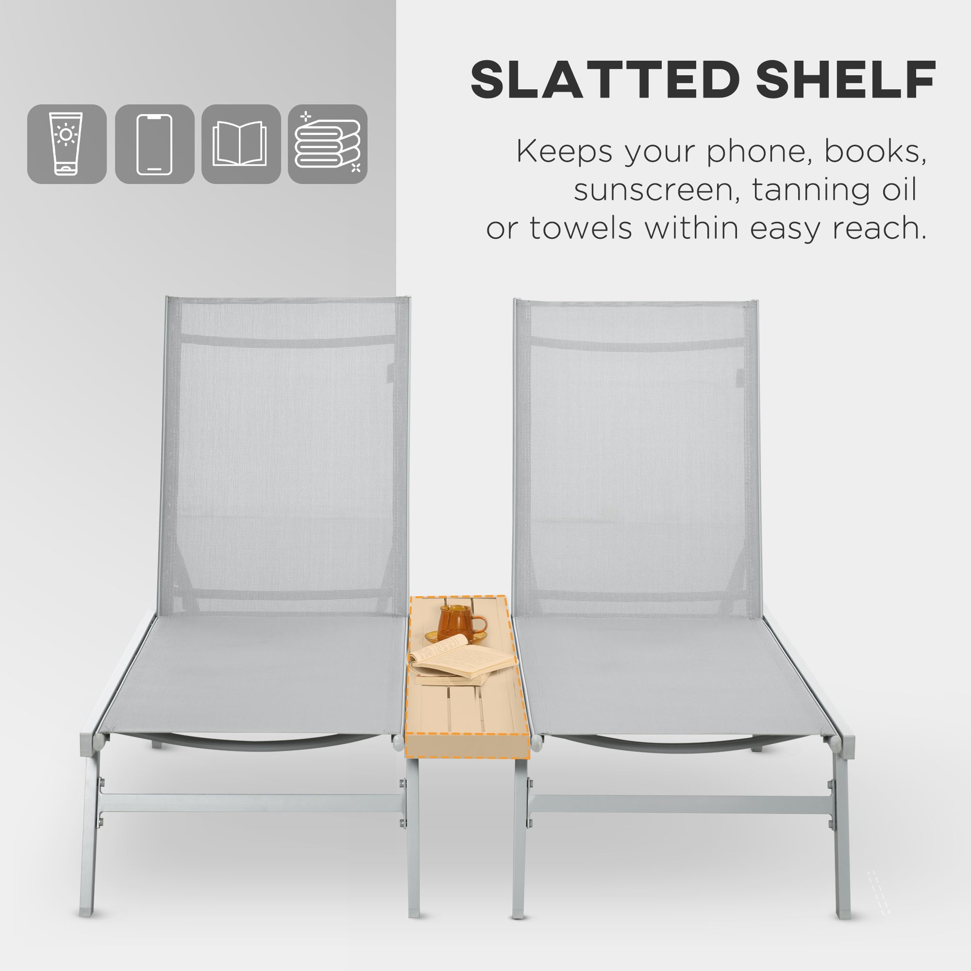 2-Pack Light Gray Aluminum Chaise Lounge Pool Chairs - 5-Position Reclining Outdoor Sunbathing Chairs with Storage Shelf & Breathable Mesh for Beach, Backyard, Patio, Garden Relaxation