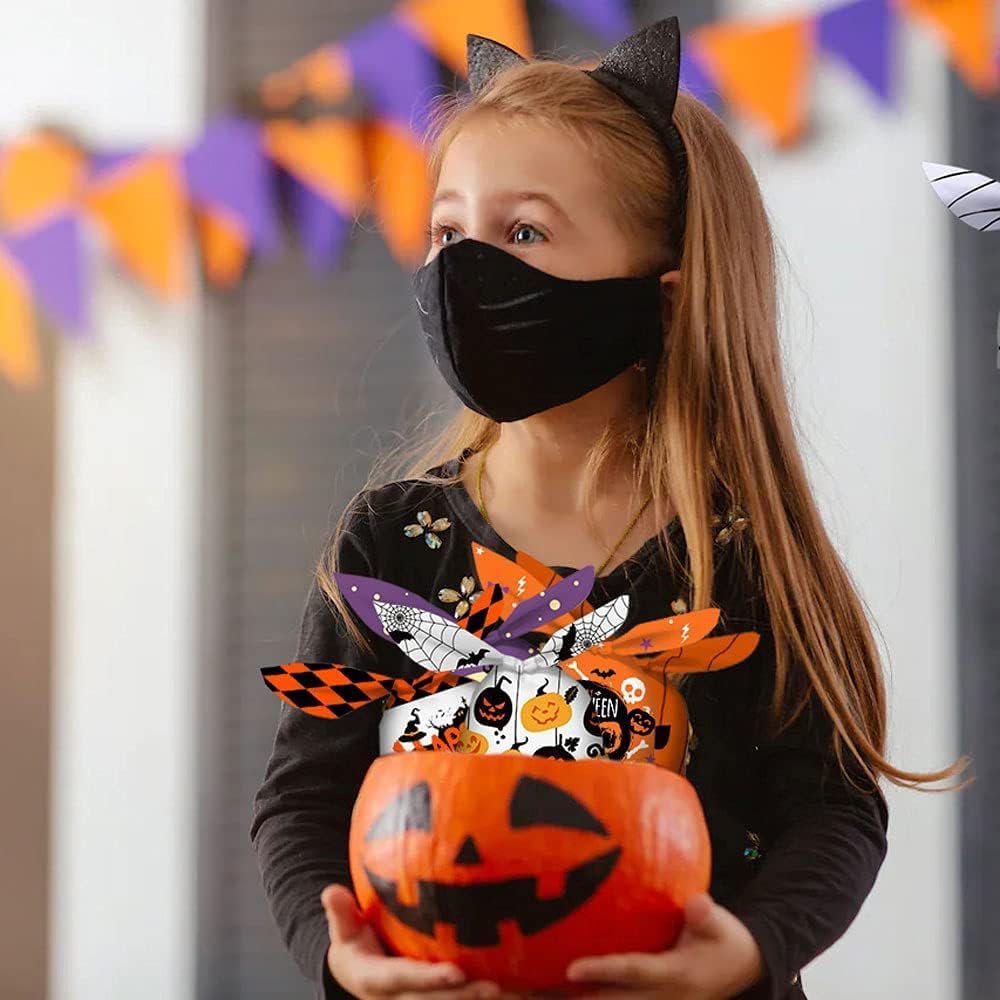 100PCS Halloween Treat Bags - 7 Fun Designs Plastic Candy Bags for Kids Trick or Treat | Halloween Party Favors, Goodie Bags & Party Supplies | Perfect for Classroom Treats, Neighborhood Halloween Events & Costume Parties