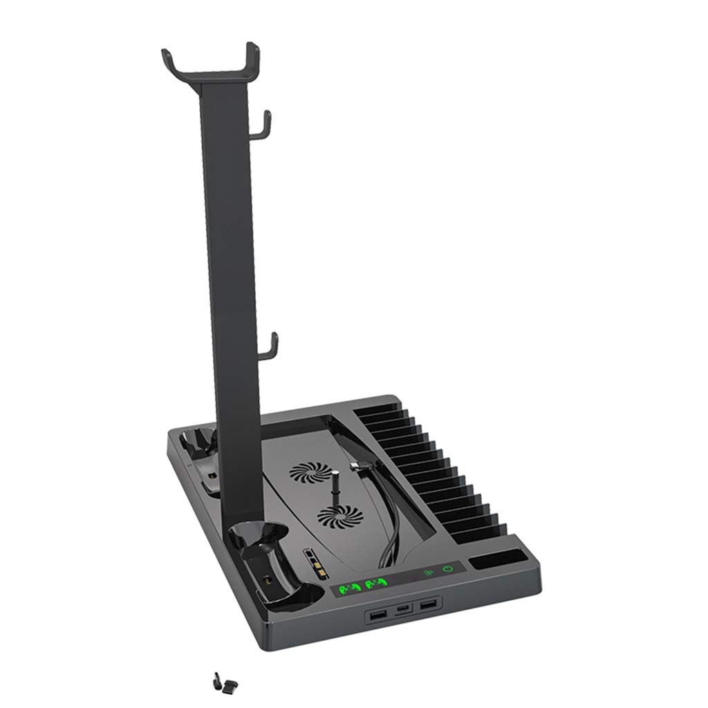 YUYUQ PS5 Vertical Cooling Stand with Dual Charging Dock, 15 Game Storage & Headset Holder - Multi-Functional Cooling Fan Base for Enhanced Gaming Experience | Perfect for Gaming Setups & Console Protection