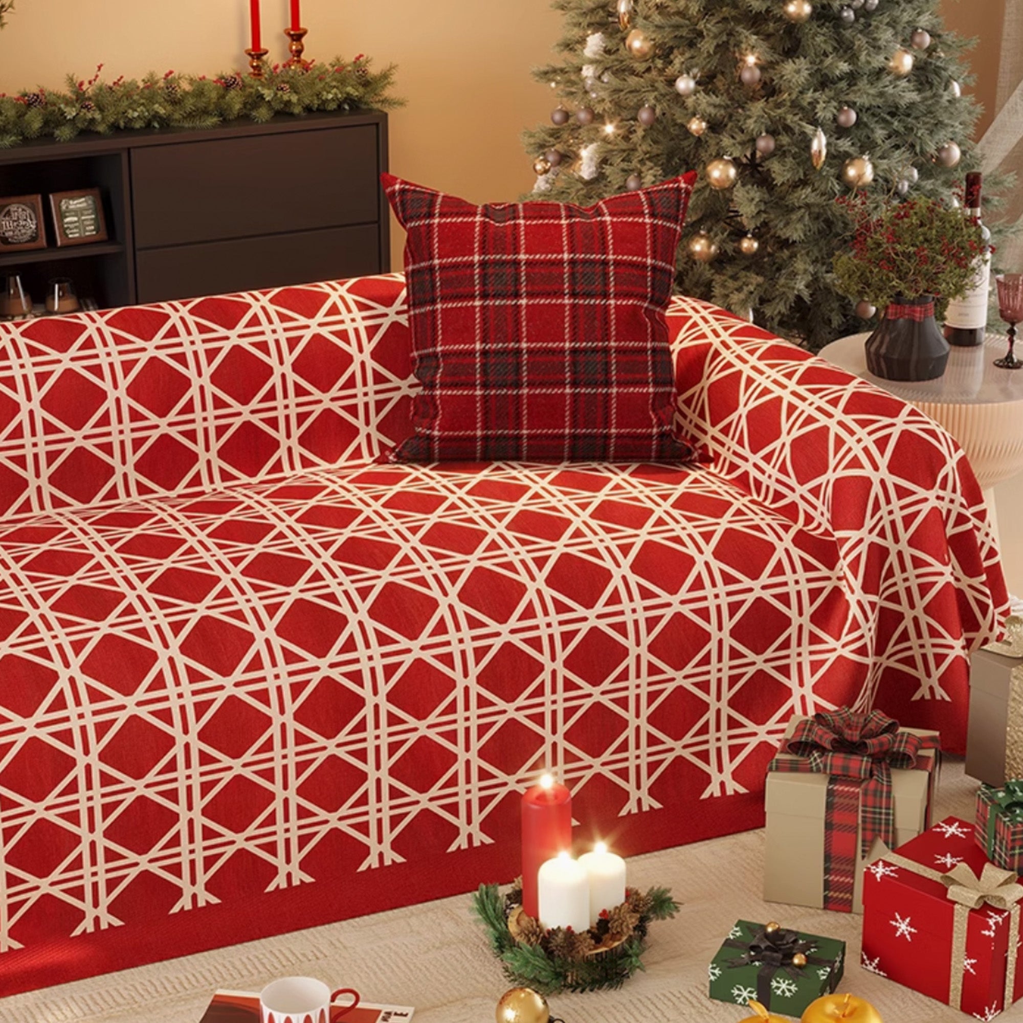 Stylish Red Diamond Pattern Sofa Cover - Modern Living Room Decor for Couches & Sectionals - Perfect for Home Makeover & Interior Design