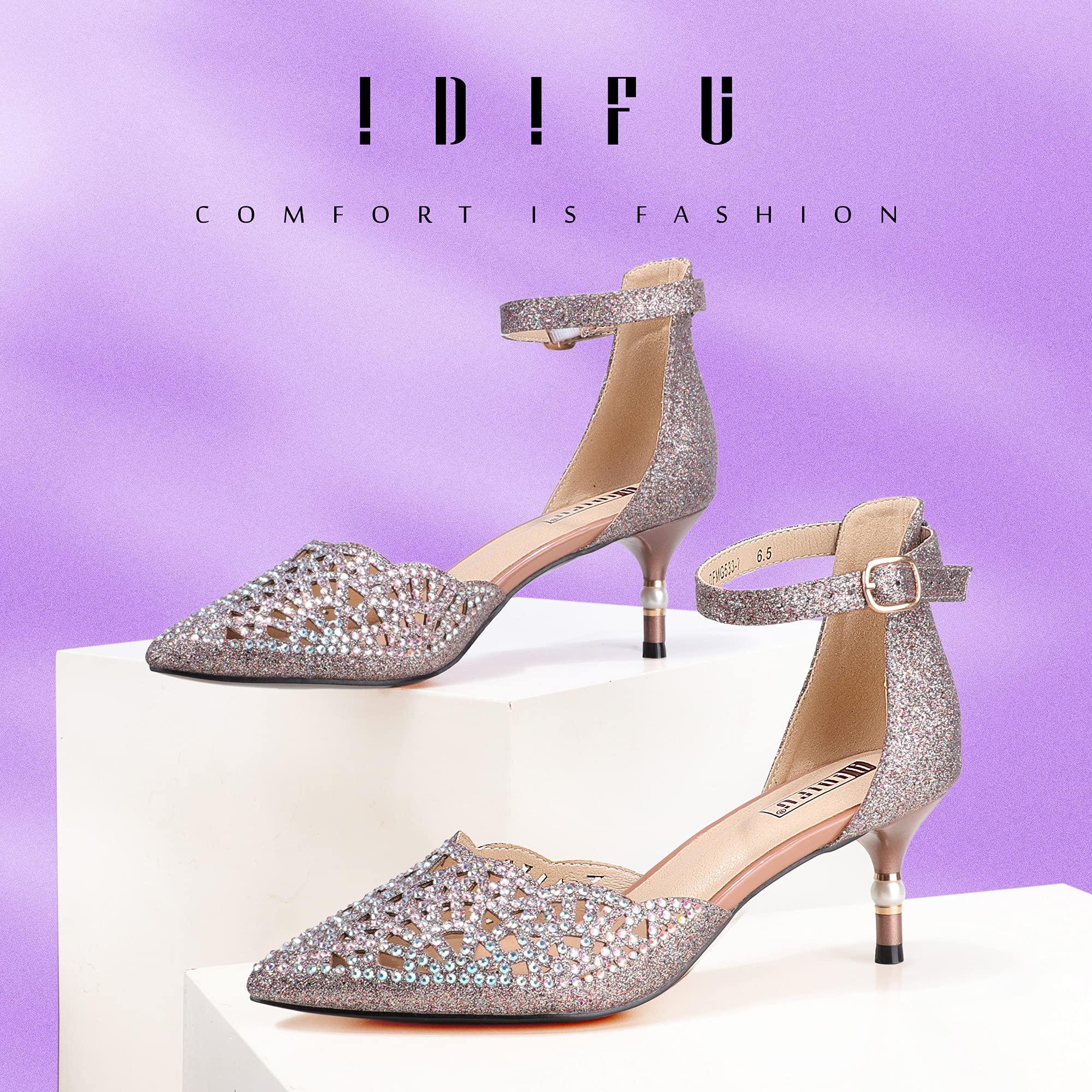 IDIFU Women's Rhinestone Sequins Kitten Heel Pumps - Elegant Wedding Shoes for Bride, Bridesmaid & Evening Party | Comfortable Low Heel Dress Shoes for Prom, Cocktail & Formal Occasions