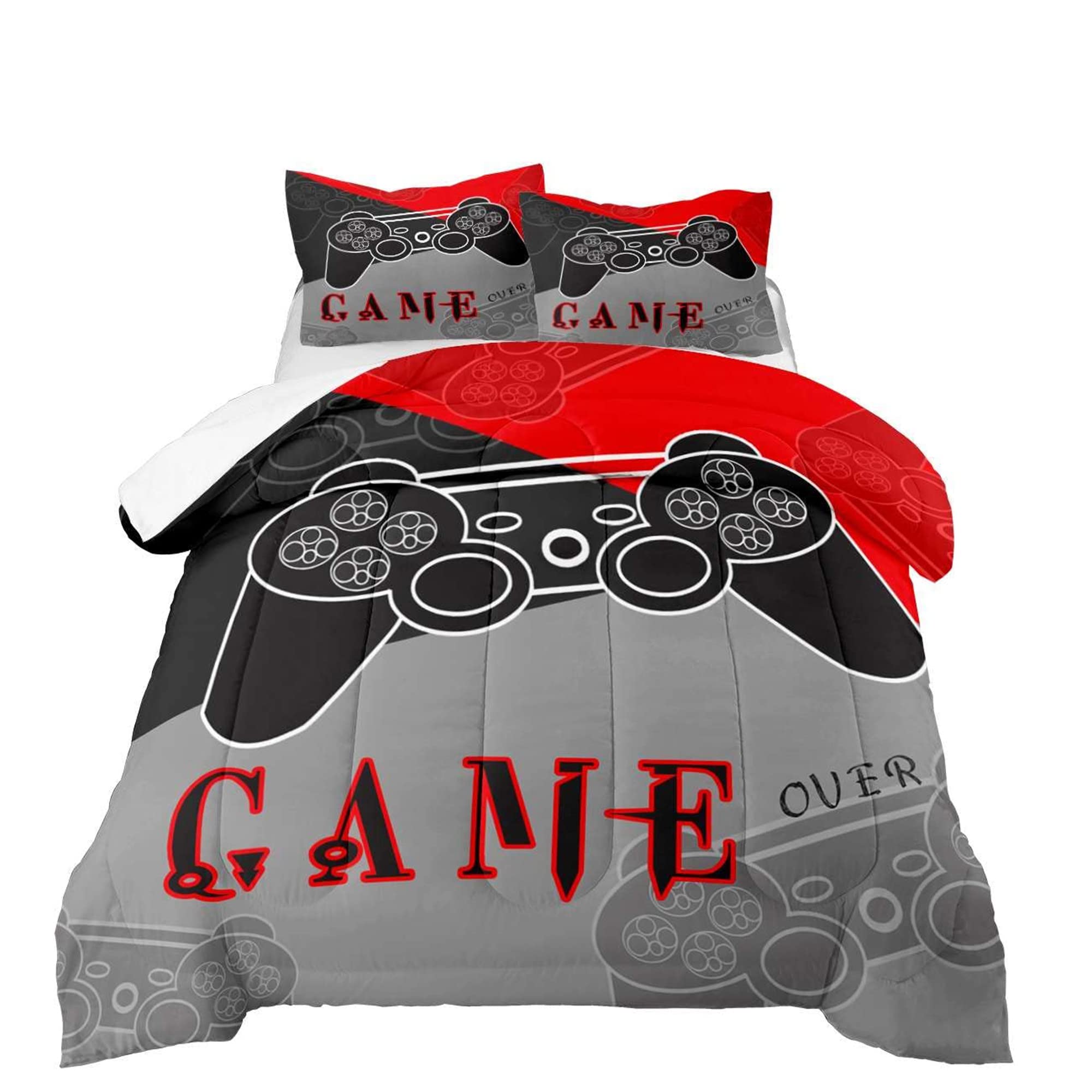 Boys Gaming Bedding Set - Full Size Black & Red Video Game Controller Comforter with 2 Pillowcases for Kids & Teens | Perfect for Gamer Bedroom Decor & Sleepovers