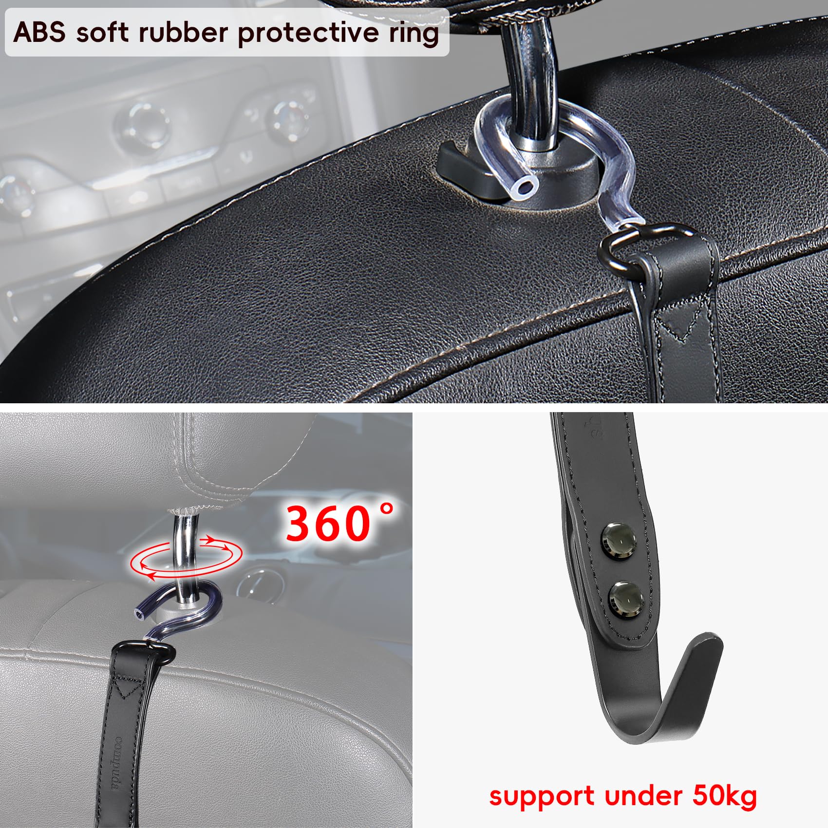 Premium 2-Pack Leather Car Hooks - SUS304 Stainless Steel Headrest Hooks for Purses, Bags & Groceries | Durable Car Accessories for Organization & Convenience | Perfect for SUVs, Sedans & Road Trips
