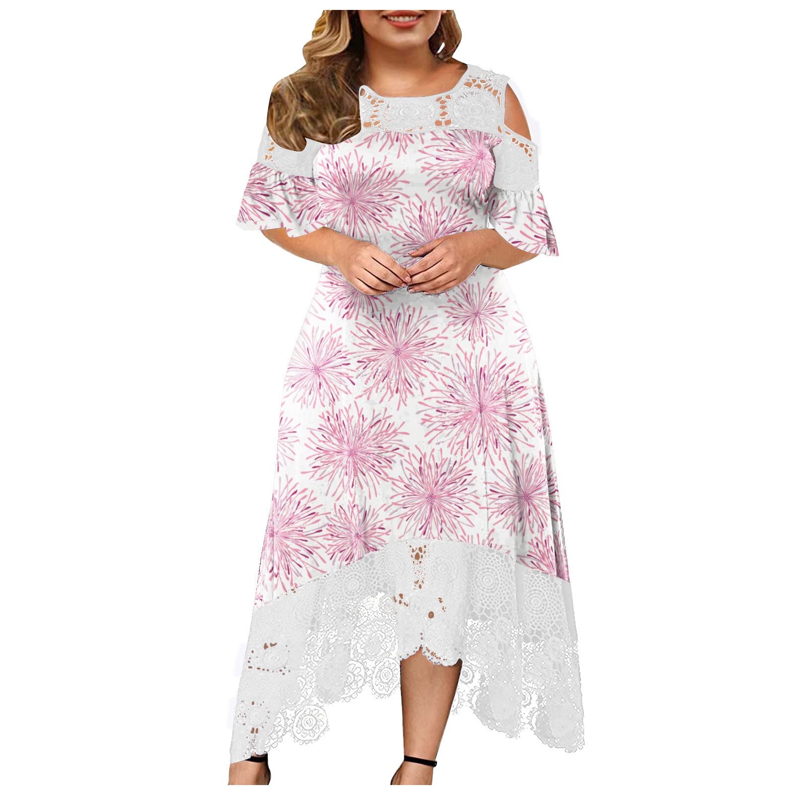Plus Size Women's Casual Black Lace Print Dress with Round Neck & Short Sleeves - Flattering Irregular Lace Stitching for Summer Outfits, Parties & Special Occasions