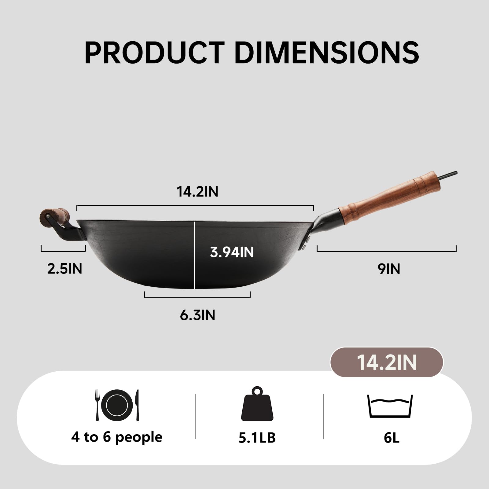WANGYUANJI 14.2 Inch Cast Iron Wok Pan - Large Flat Bottom Stir Fry Pan with Lid & Wooden Handle - Uncoated Healthy Cooking Pot for Gas, Electric & Induction Stoves - Perfect for Asian Stir-Fry, Deep Frying & Family Meals