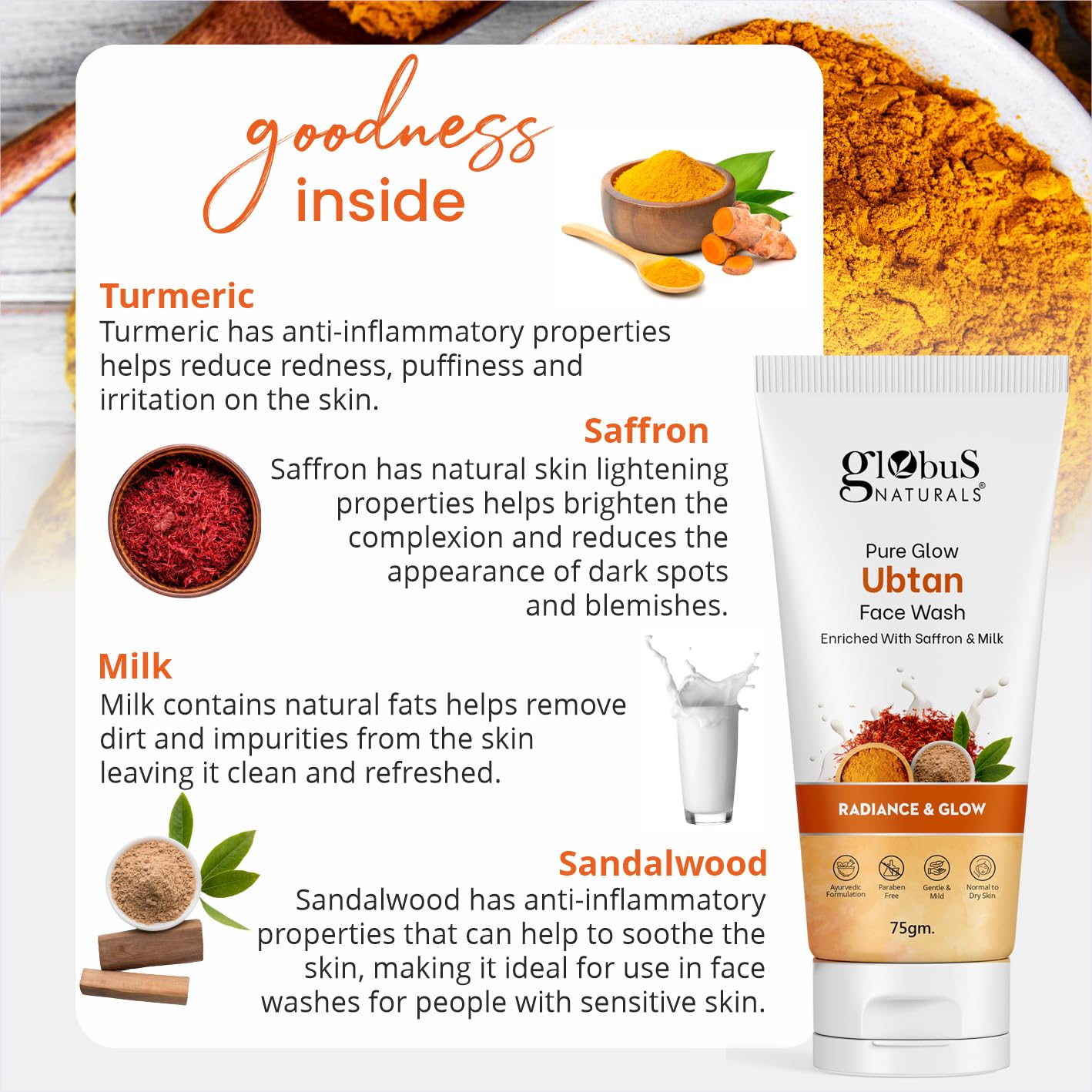 Globus Naturals Pure Glow Ubtan Face Wash with Saffron & Milk - Natural Gentle Cleanser for Radiant Skin | All Skin Types | 75g | Perfect for Daily Skincare Routine & Brightening Dull Complexion