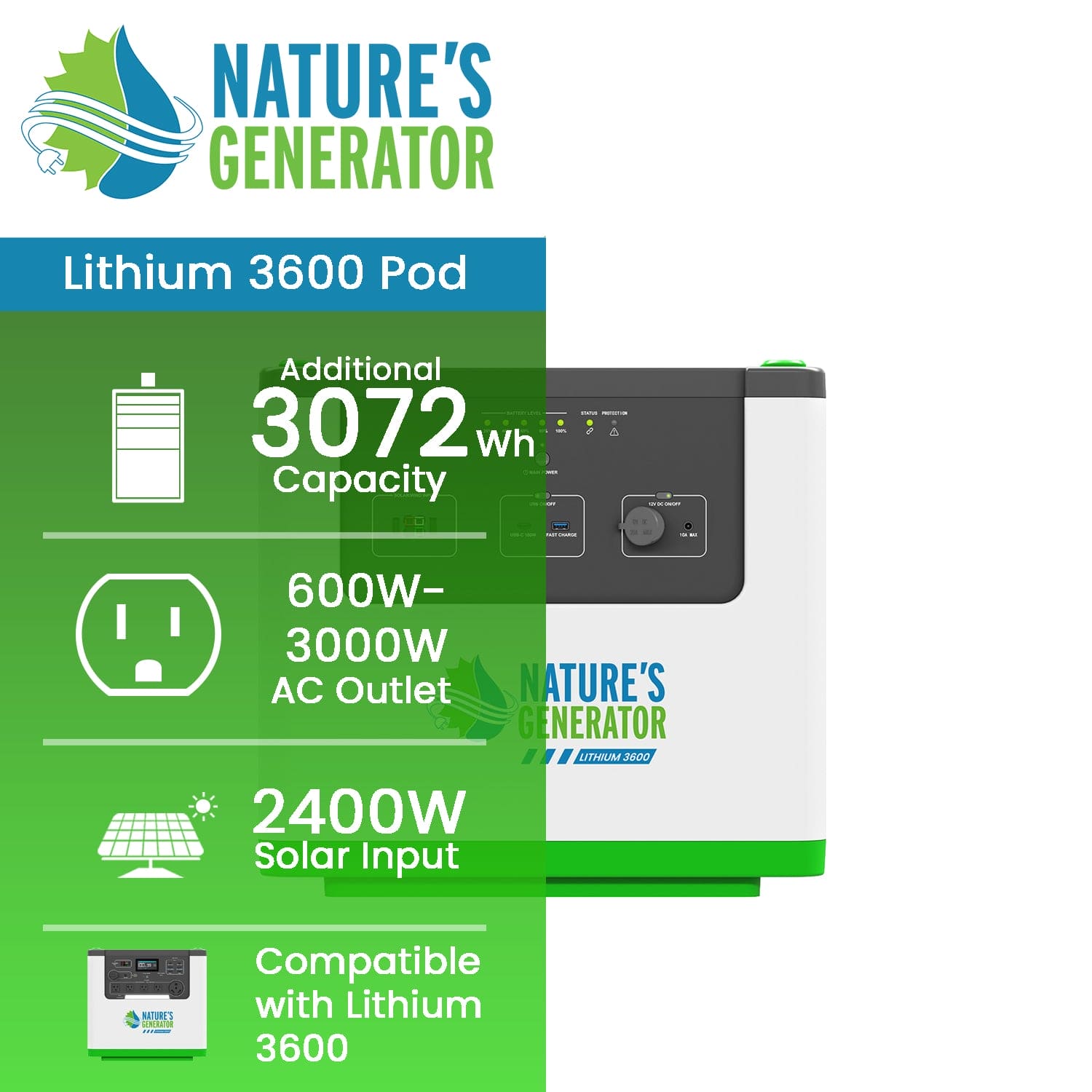Nature's Generator Lithium 3600 Power Pod - Portable Solar Generator for Camping, RV & Emergency Backup Power | Off-Grid Energy Solution