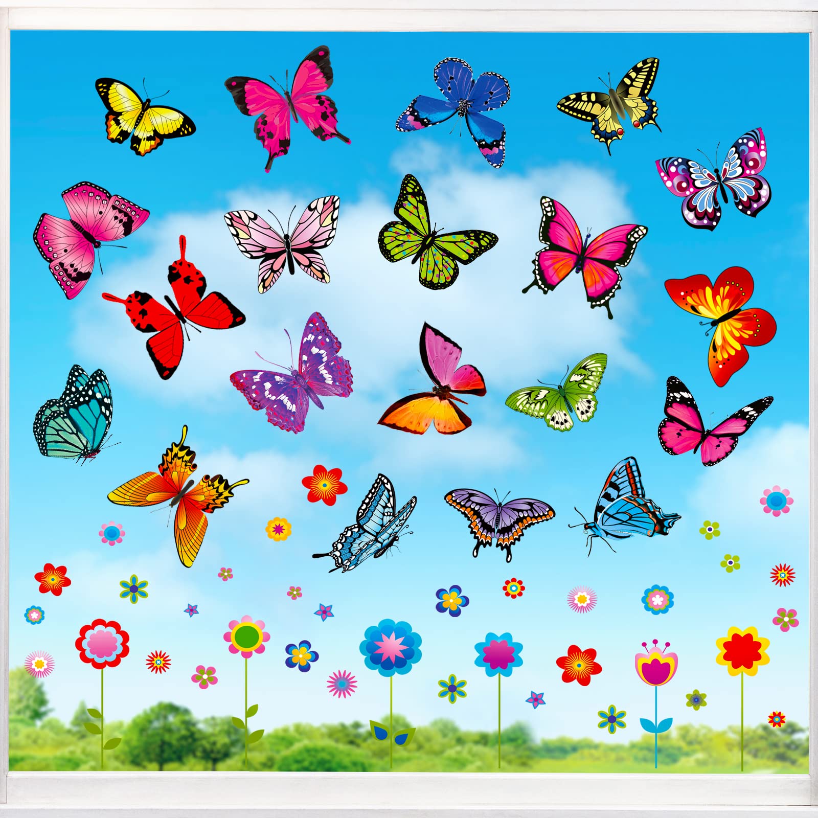 57-Piece Spring Flower Window Clings - Large Anti-Collision Butterfly & Flower Stickers for Glass Windows - Kids Safe Window Decals for Home, Office & Classroom Decor