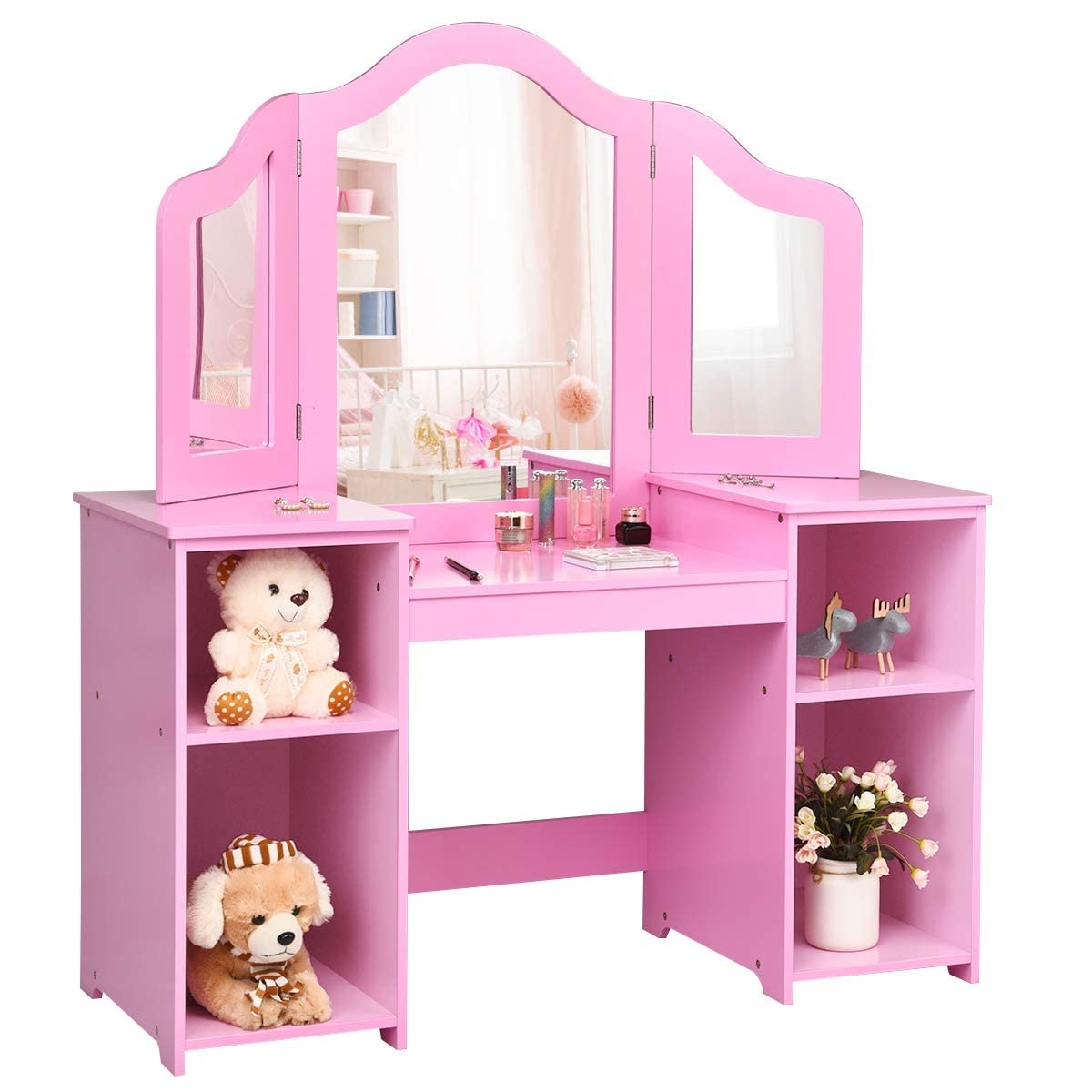 MAT EXPERT Kids Vanity Table Set with Tri-Folding Mirror - Wooden Princess Dresser with 4 Storage Shelves & Detachable Plastic Mirror - Pretend Play Makeup Dressing Table for Girls (Pink) - Perfect for Bedroom Decor, Birthday Gifts & Role Play Activities