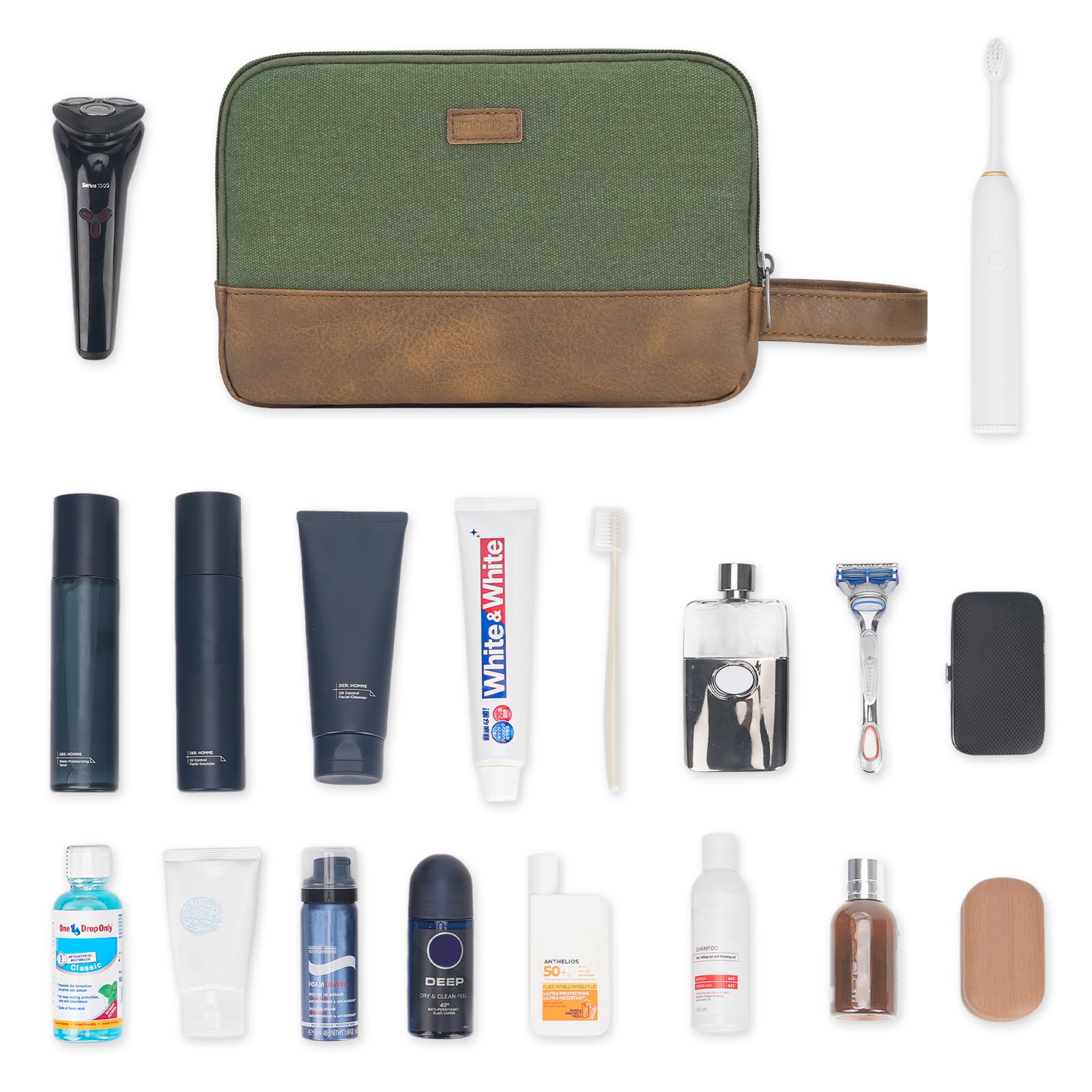 WANDF Men's Travel Toiletry Bag - Hanging Dopp Kit with Water-Resistant Vegan Leather, Canvas Toiletry Organizer for Shaving & Grooming Accessories (Green) - Perfect for Business Trips, Camping & Gym Essentials