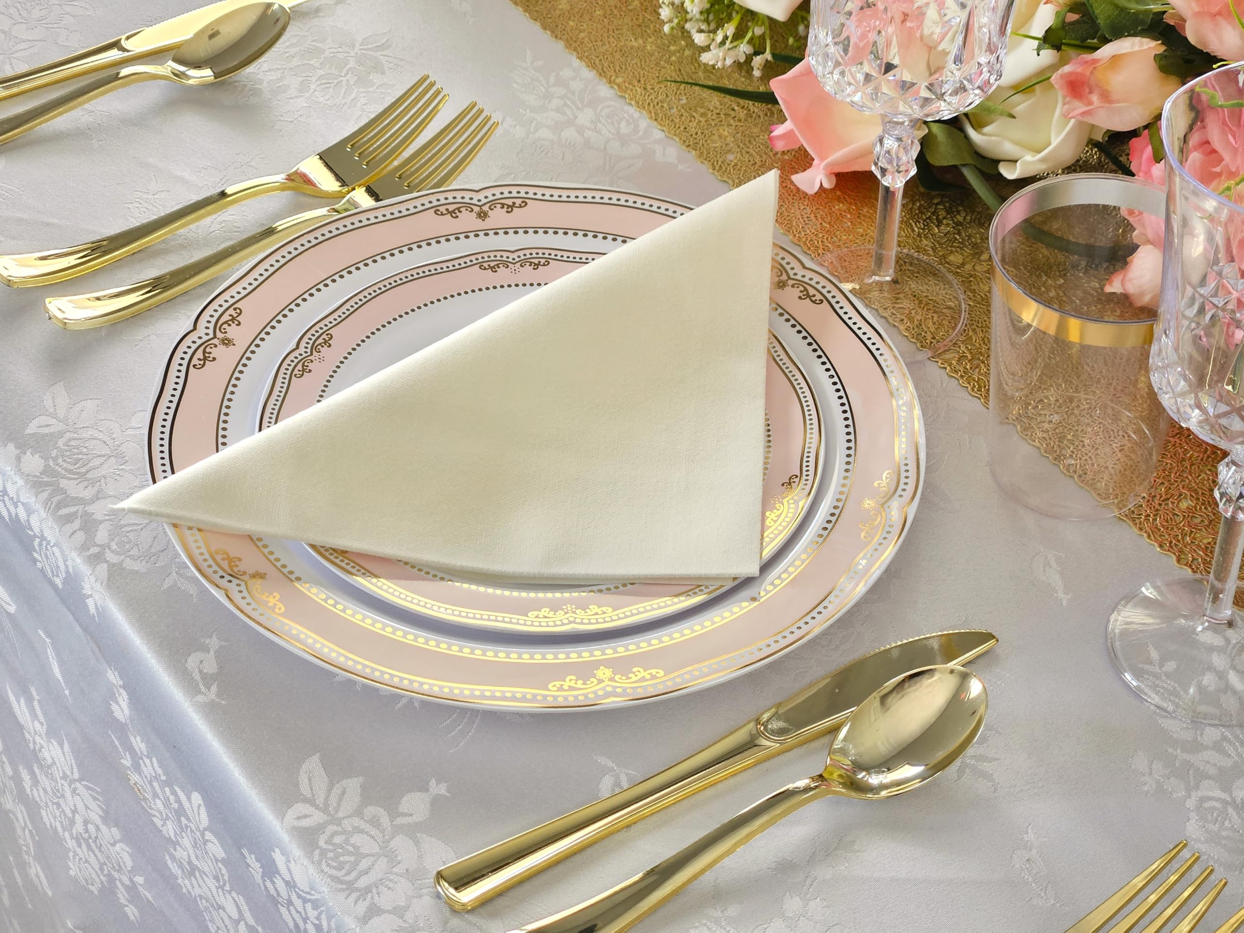 120-Piece Disposable Plastic Plates & Bowls Set - 12oz Scalloped Soup Bowls in White, Blush & Gold for Weddings, Parties & Events - Perfect for Catering, Buffets & Special Occasions