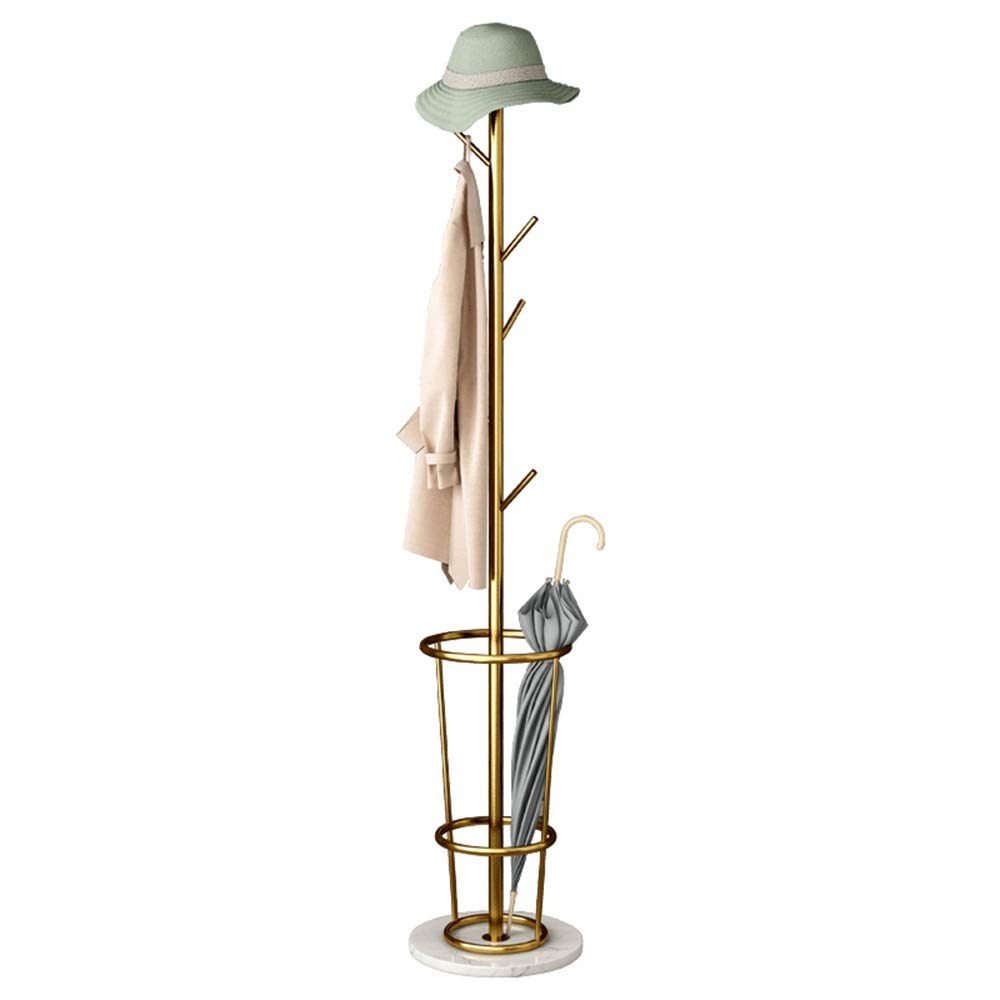 KST Free Standing Coat Rack with Umbrella Holder - Metal Entryway Tree Stand with 1.2cm White Marble Base for Hats, Coats & Jackets - Golden Modern Design for Hallway, Bedroom or Office Organization