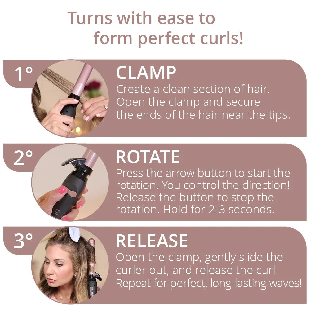 Professional 360° Rotating Curling Iron Wand - Auto Rotating Hair Curler for Beach Waves, Loose Curls & Voluminous Styles - Perfect for Home Use, Salon Styling & Travel