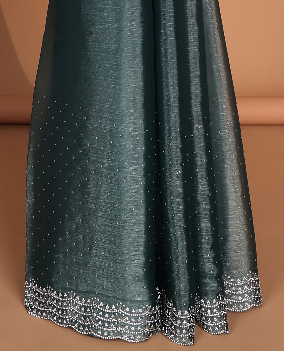 Blue Stone Embroidered Burberry Chiffon Saree with Self Cutwork Border - Elegant Indian Party Wear for Weddings & Festive Occasions