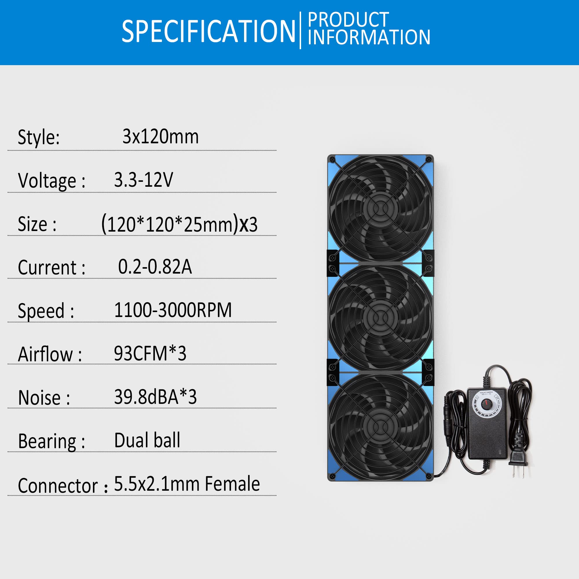 120mm x 3 360mm Adjustable PC Case Fans with 3-12V Speed Controller - Quiet Cooling for Computer, Server, Mining Rig, Chicken Coop, Cabinet & Window Ventilation | Improve Airflow & Reduce Heat