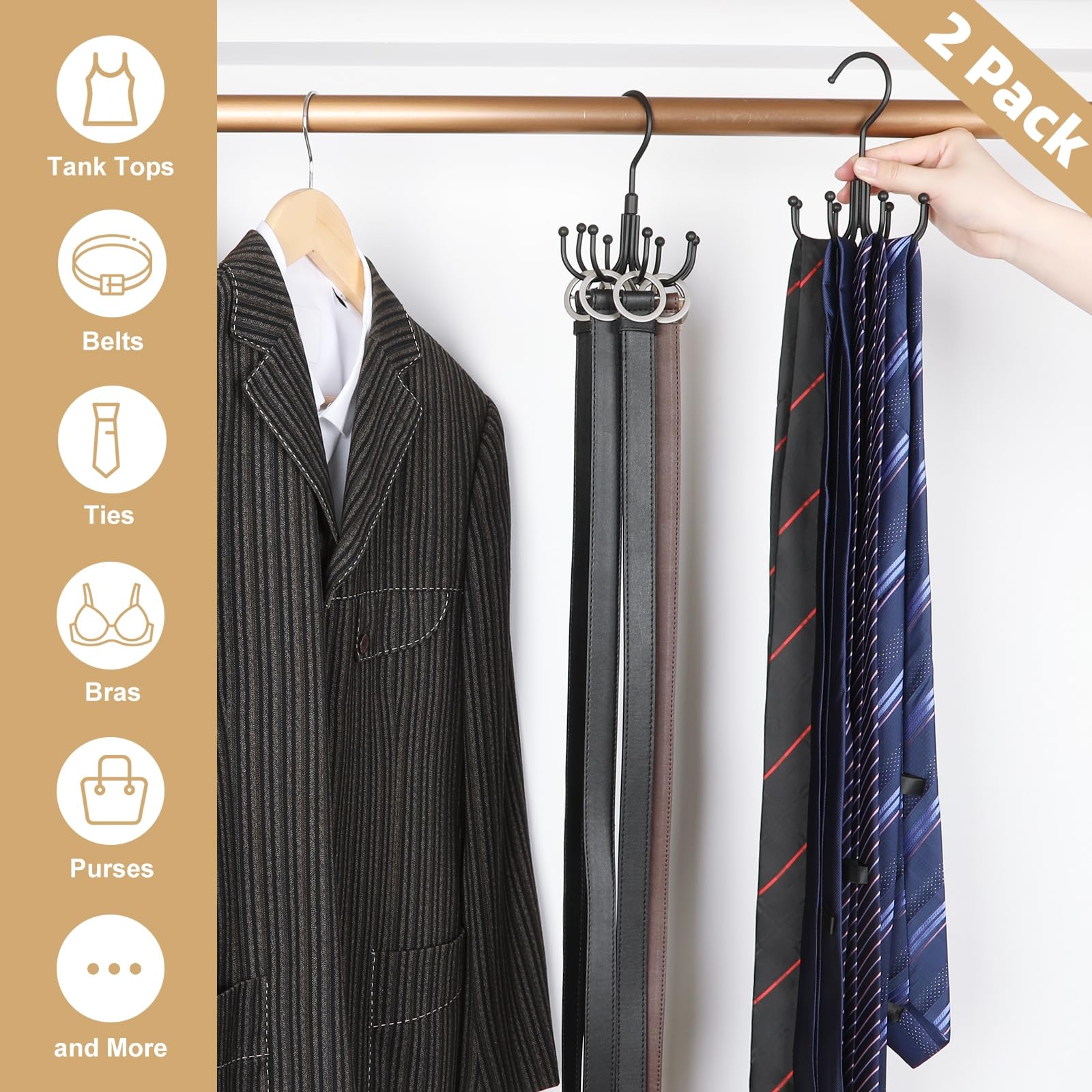360° Rotatable Belt Organizer & Closet Storage Hook - 2-Pack with 8 Hooks for Belts, Ties, Scarves, Purses & More | Space-Saving Accessory Organizer for Closet, Wardrobe & Bedroom (Black)
