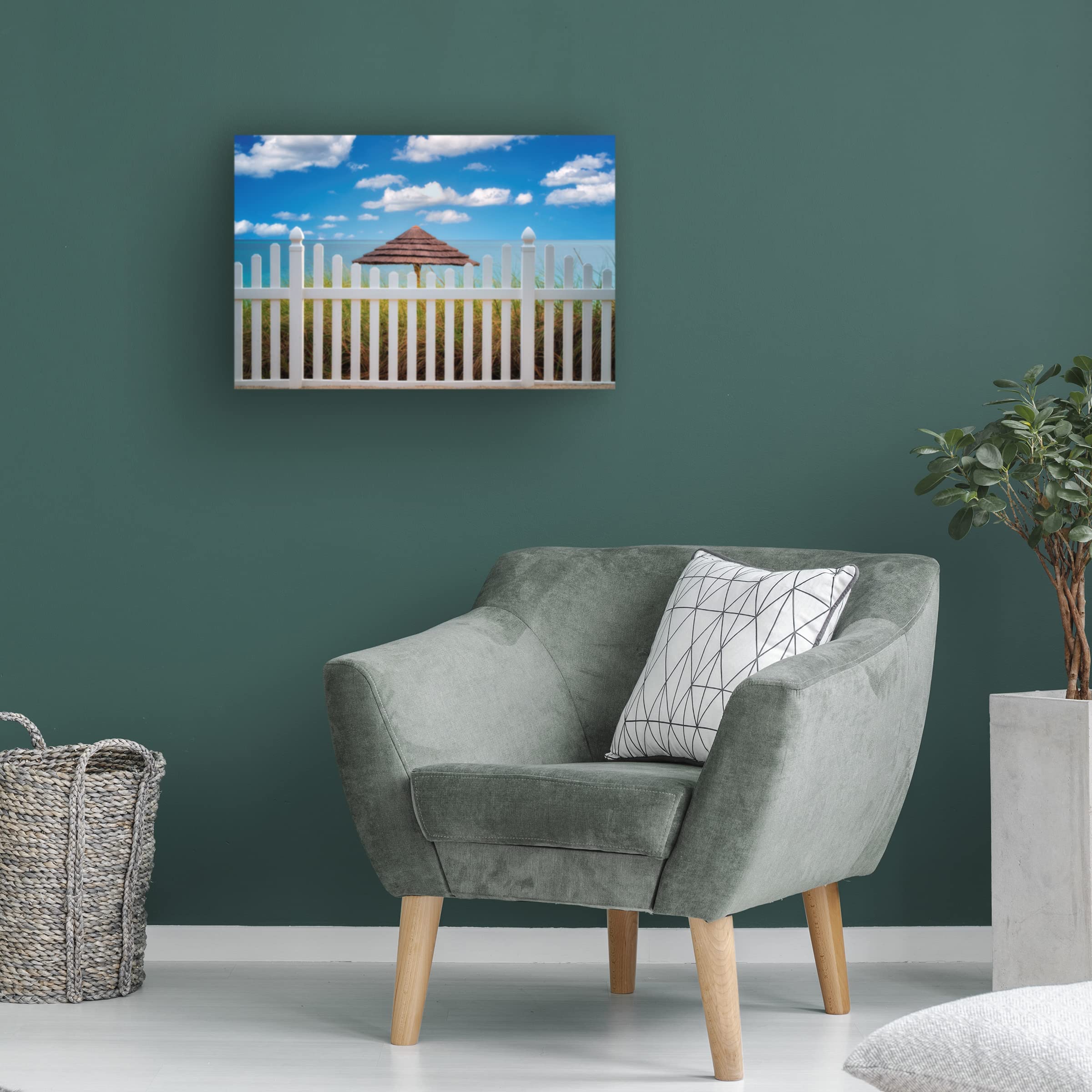 Dennis Frates 'Fence And Beach Umbrellas' Canvas Wall Art Print - Coastal Beach Decor for Living Room, Bedroom & Office - Premium Trademark Fine Art Collection