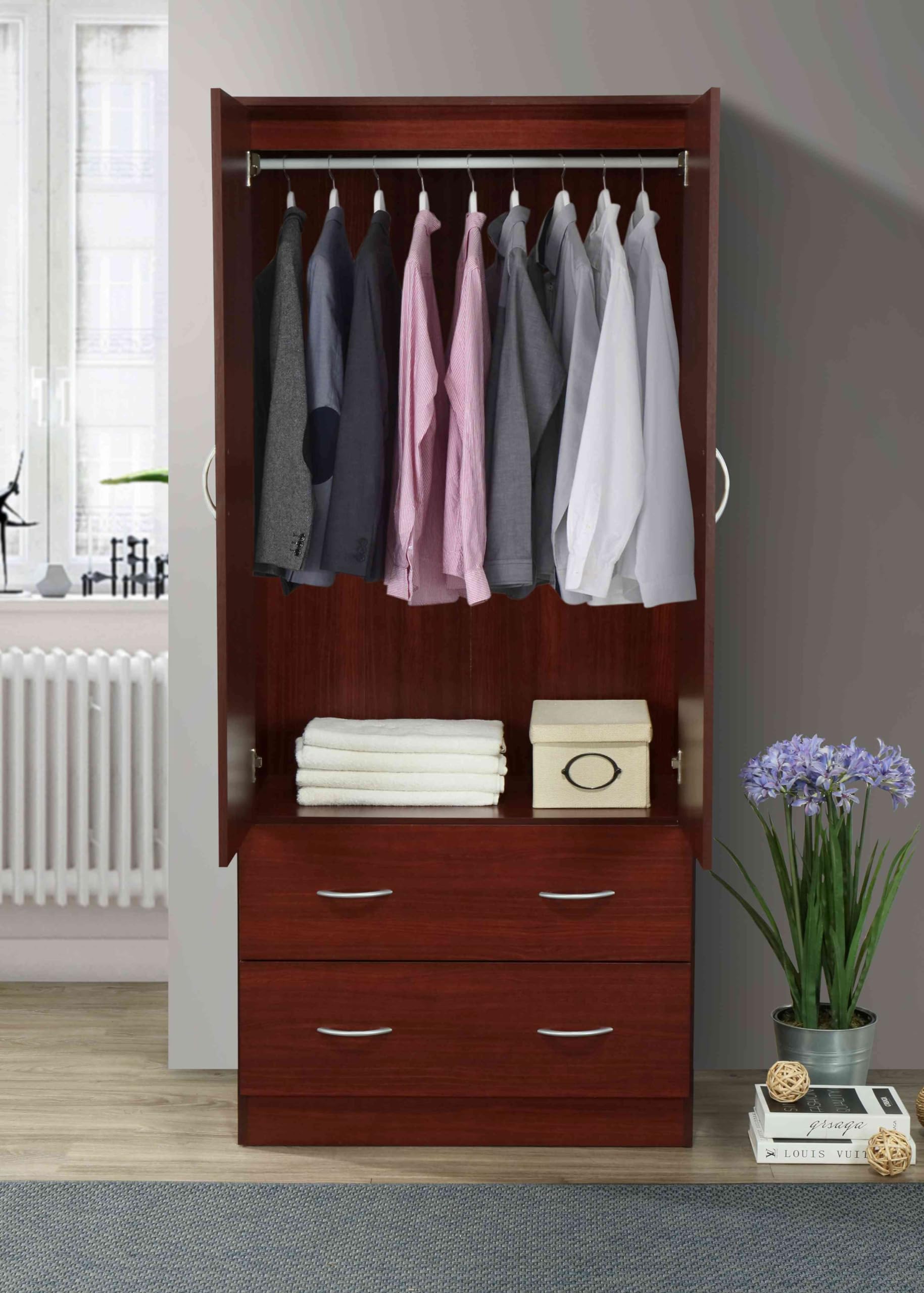 HODEDAH 2-Door Wood Wardrobe Closet with Mirror, Clothing Rod & 2 Storage Drawers - Mahogany Finish Bedroom Furniture for Organizing Clothes, Shoes & Accessories | Perfect for Master Bedroom, Guest Room & Dorm Organization