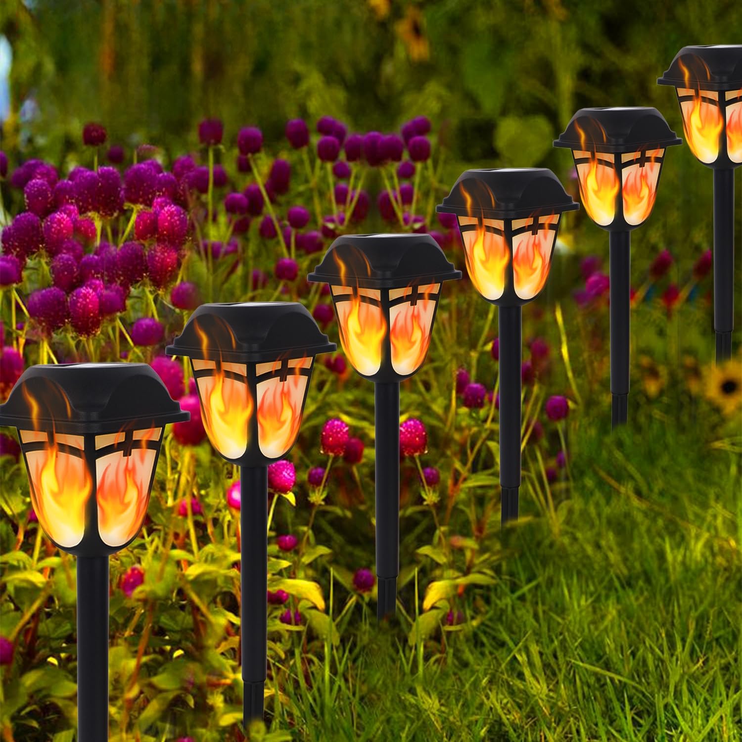 Dynaming Solar Flame Torch Lights Outdoor - 9 Pack Flickering Flame Pathway Lights, Waterproof Auto On/Off Landscape Lighting for Lawn, Patio, Yard, Deck, Driveway - Perfect for Garden Decor, Backyard Parties & Pathway Illumination
