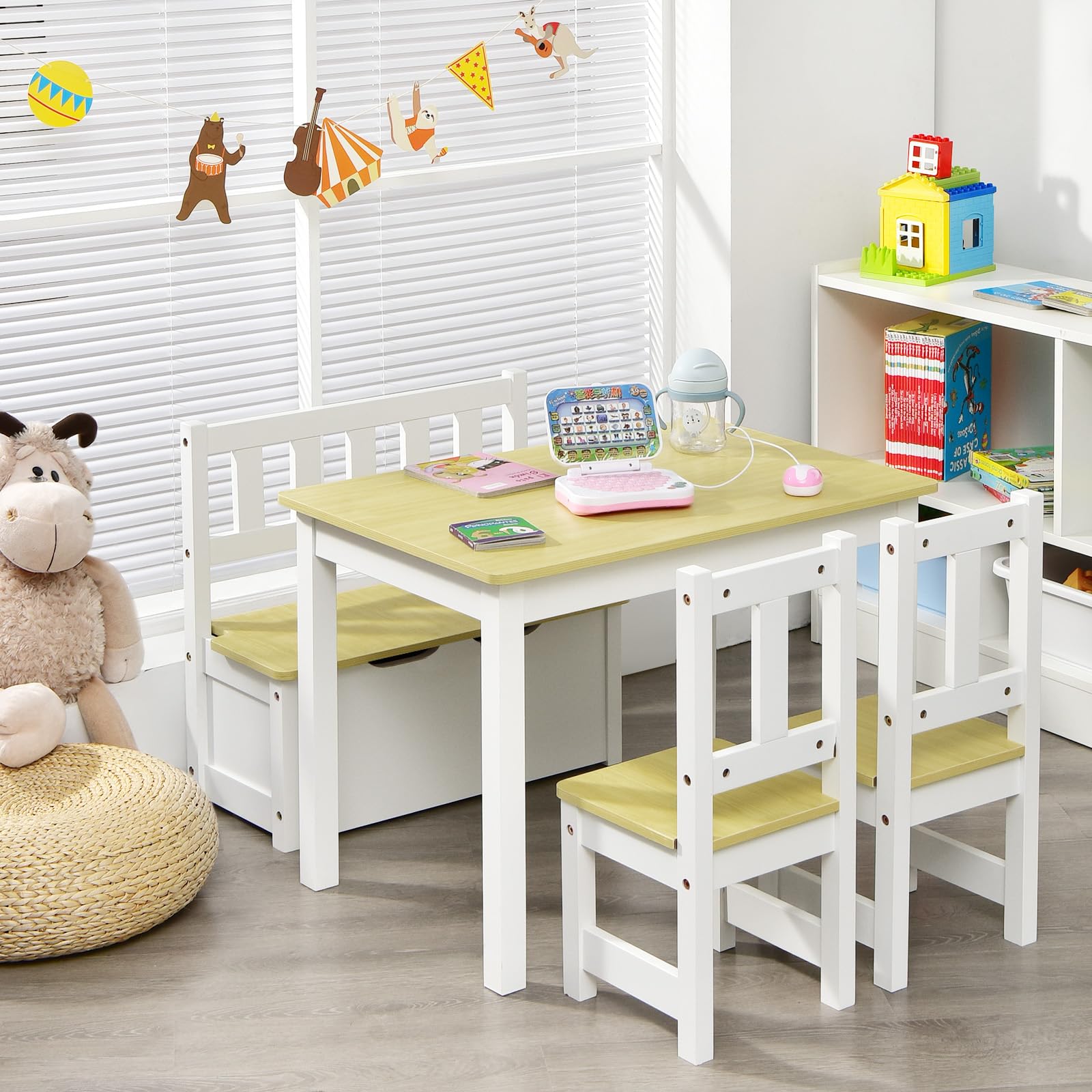 Costzon Kids Wooden Activity Table & Chair Set with Storage Bench - 2 Chairs for Toddlers, Children's Reading, Arts & Crafts, Snack Time, Homework, Playroom Furniture (Natural Wood) - Perfect for Preschool Learning, Playdates & Creative Play Spaces