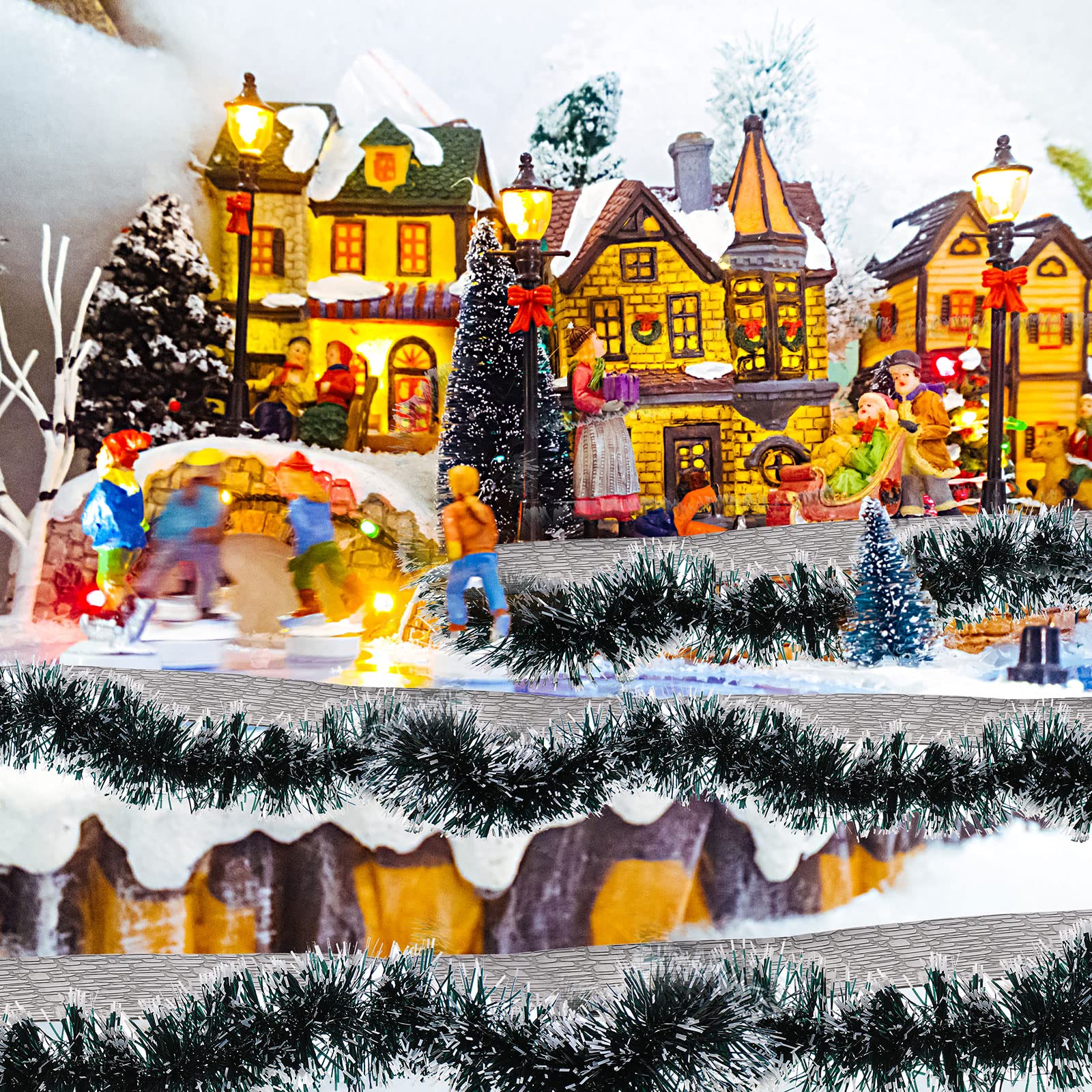 Christmas Village Accessories - Mini Flexible Sisal Hedge Pine Trees with Snow Brick Road Street Mat Decor for Winter Holiday Displays | Perfect for Christmas Village Scenes, Winter Wonderland Dioramas & Holiday Home Decor