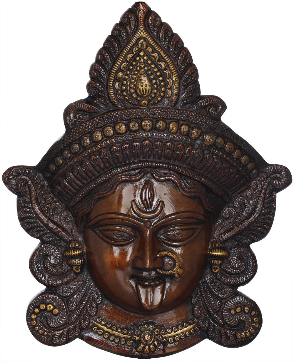 Exotic India Goddess Kali Mask - Handcrafted Brass Statue with Double Chola Color | Hindu Home Decor, Spiritual Altar Piece, Yoga Meditation Room Decoration