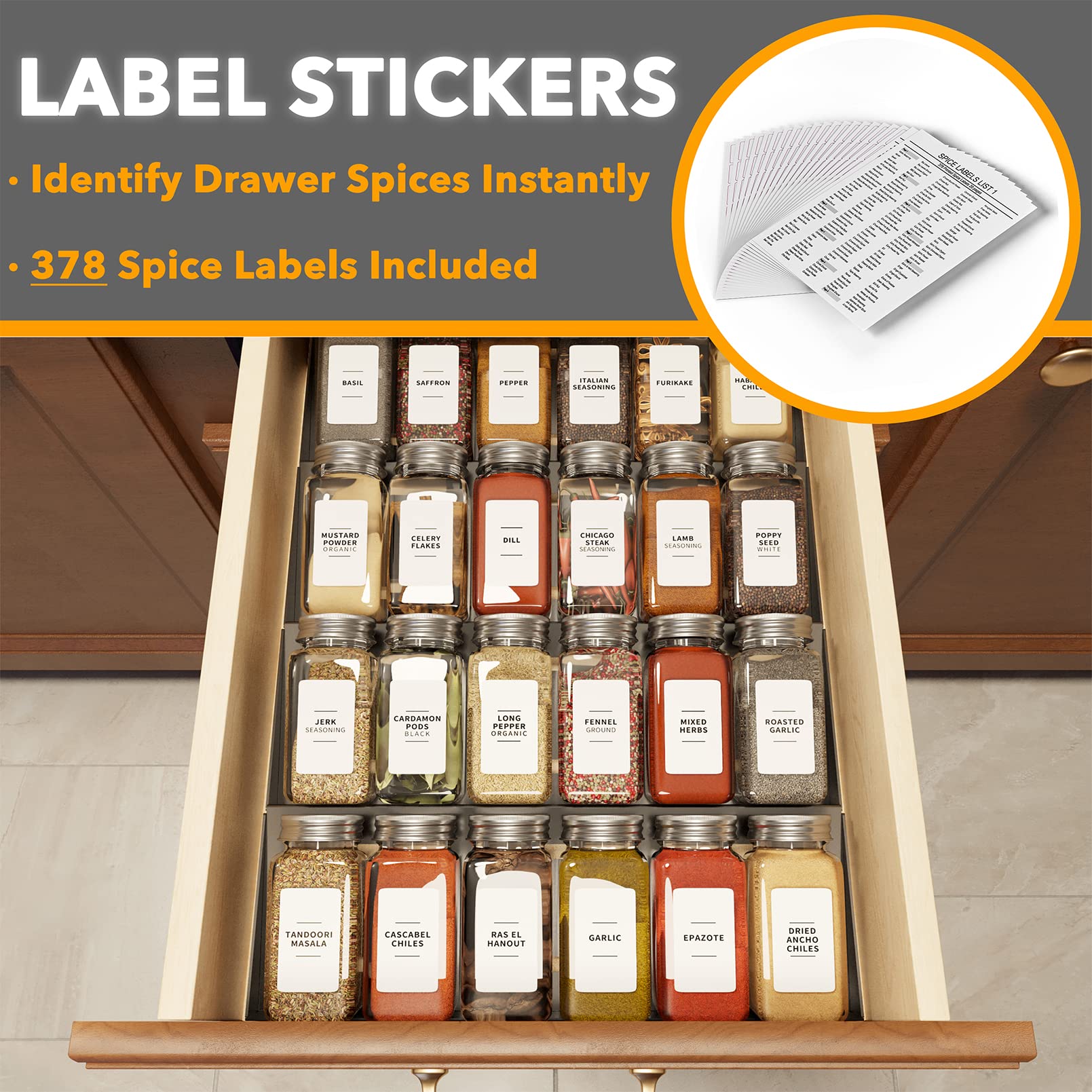 SpaceAid 4-Tier Spice Drawer Organizer with 24 Spice Jars & 378 White Minimalist Labels - 11.25