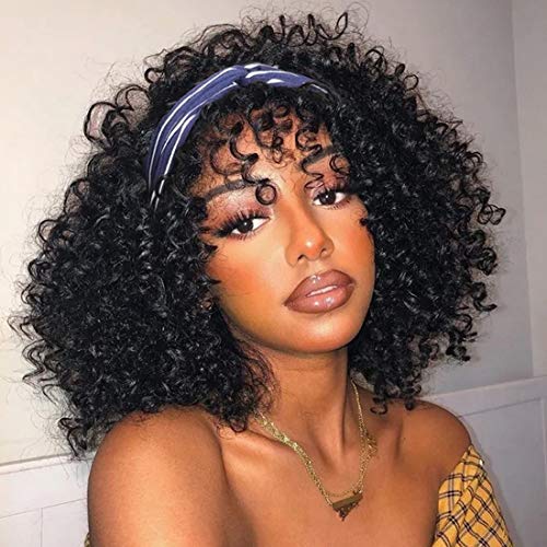 Beauty Forever Headband Wigs with Bang - Detachable Jerry Curly Bob Wigs | Non-Lace No-Part Brazilian Human Hair Wigs for Women | 14inch Natural Color 150% Density | Perfect for Daily Wear, Cosplay & Special Occasions