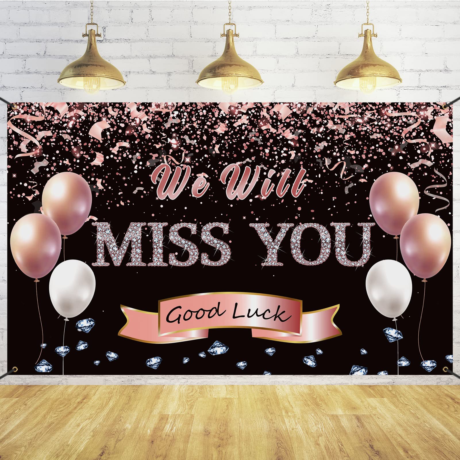 Rose Gold 'We Will Miss You' Sign Banner Backdrop - Retirement Farewell Party Decorations for Office, Graduation, Going Away & Goodbye Parties - Perfect for Work, School & Special Events