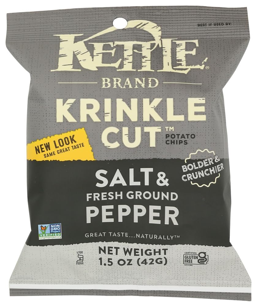 Kettle Foods BG14803 Kettle Salt & Pepper Krinkle Cut Potato Chips - 24 Pack (1.5 oz Each) | Perfect for Snacking, Parties, and Lunchboxes