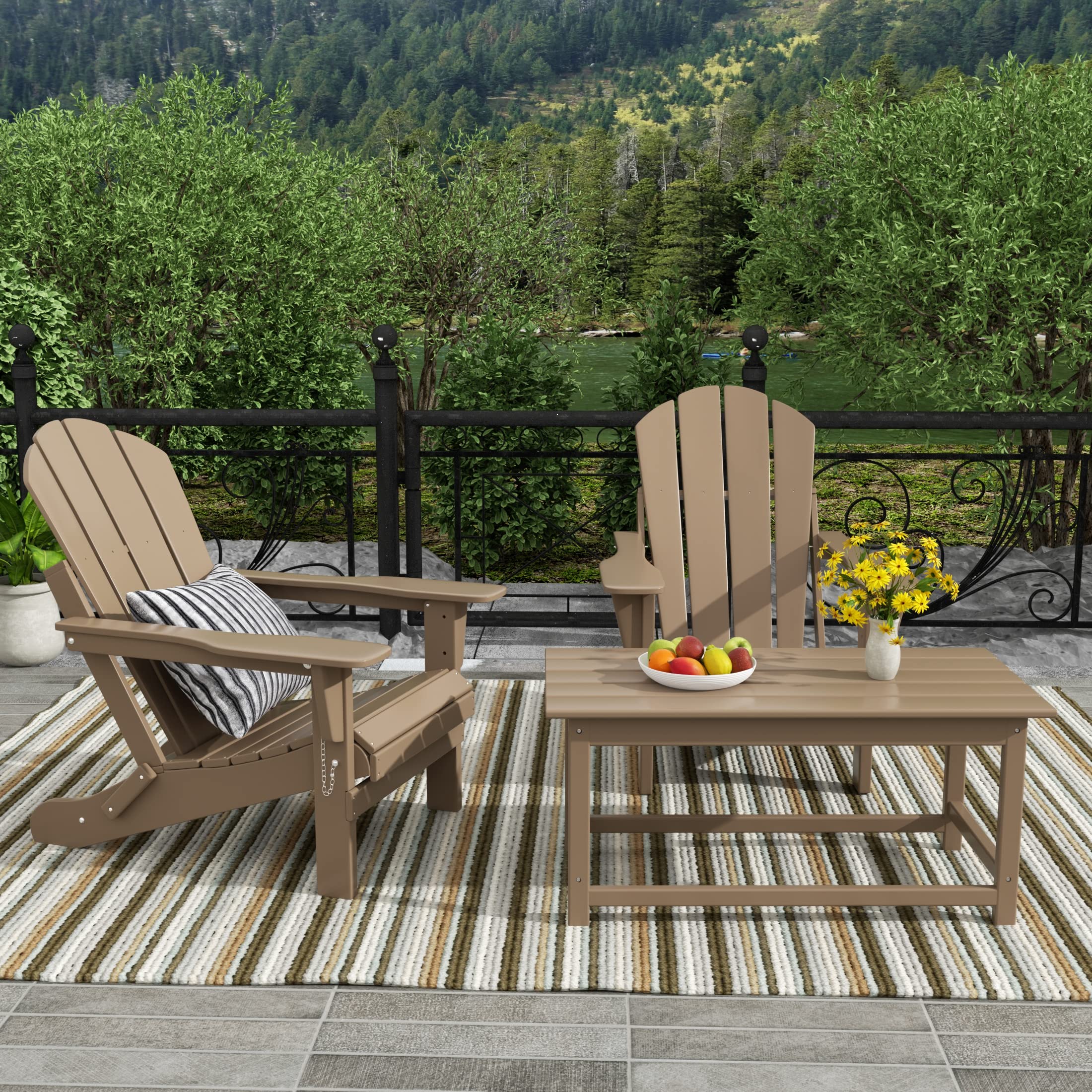WestinTrends Malibu 3-Piece All-Weather Outdoor Patio Furniture Set - 2 Plastic Adirondack Chairs & Coffee Table for Porch, Lawn, Backyard - Weathered Wood Finish - Perfect for Relaxing, Entertaining & Outdoor Dining