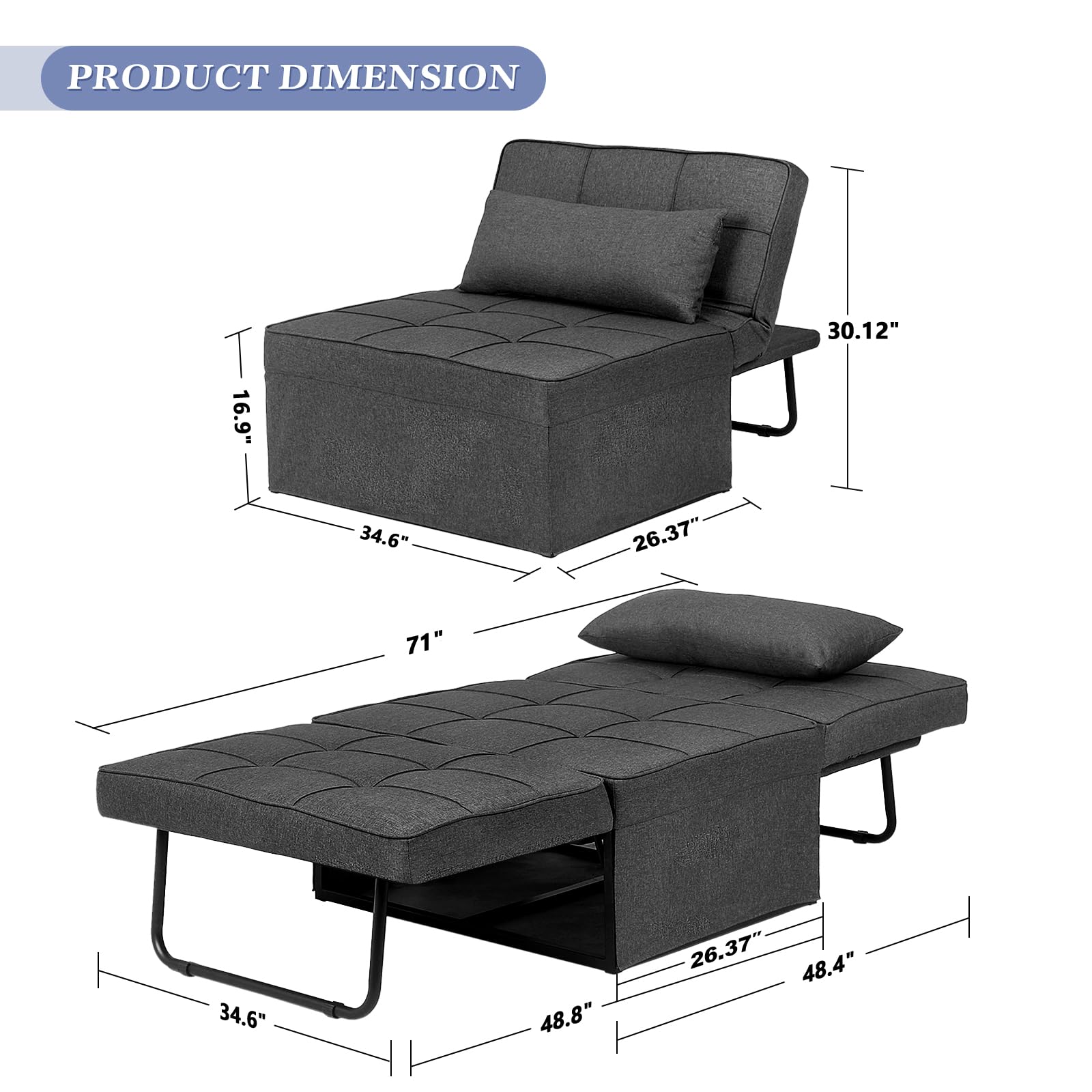 Saemoza 4-in-1 Multi-Functional Folding Sofa Bed with Ottoman - Convertible Sleeper Sofa Chair with Adjustable Backrest, Breathable Linen Fabric for Living Room, Small Apartment, Guest Room - Deep Grey | Perfect for Space-Saving, Overnight Guests & Studio Apartments