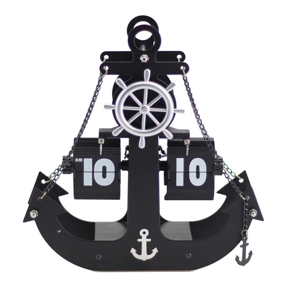 RHBNVR Ferry Anchor Flip Wall Clock - Automatic Page Turning Watch, Vintage Wooden Anchor Silent Quartz Clock for Living Room - Modern Marine Mediterranean Home Decor (Black, 10x10) | Perfect for Nautical Themed Bedrooms, Beach House Decor & Coastal Style Interiors