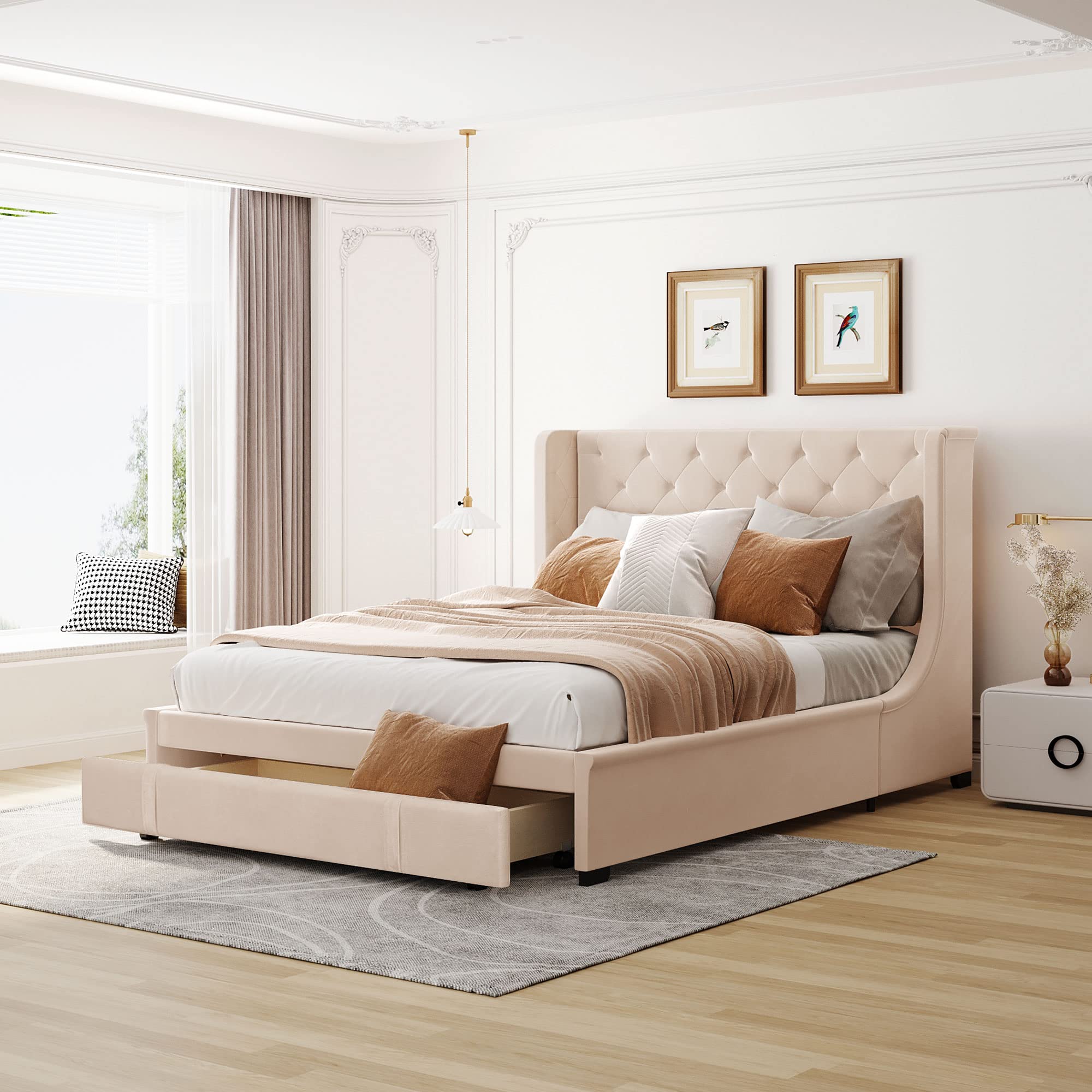 TRIPLE TREE Queen Size Storage Bed with Drawers - Upholstered Platform Bed Frame with Wingback Headboard & Wooden Slat Support | Sturdy Bedroom Furniture for Teens & Adults | Perfect for Small Spaces & Guest Rooms (Beige)