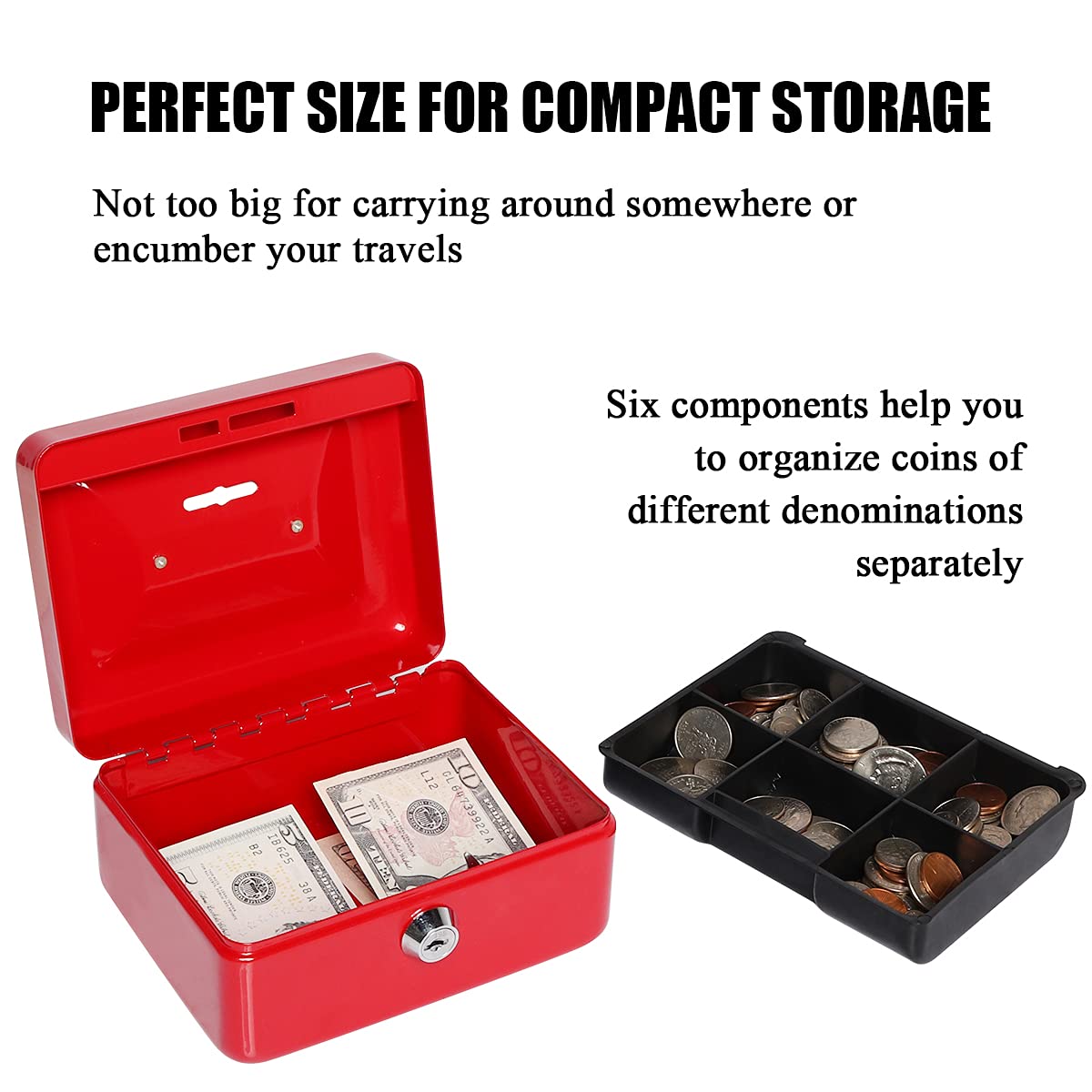 Jssmst Small Locking Cash Box with Money Tray - Secure Money Storage Box for Kids & Home Use - Top Slot Deposit - 5.91 x 4.72 x 2.95 Inch Red Lock Box (CB003-R) - Perfect for Piggy Bank, Allowance Savings, Home Office & Retail Cash Management
