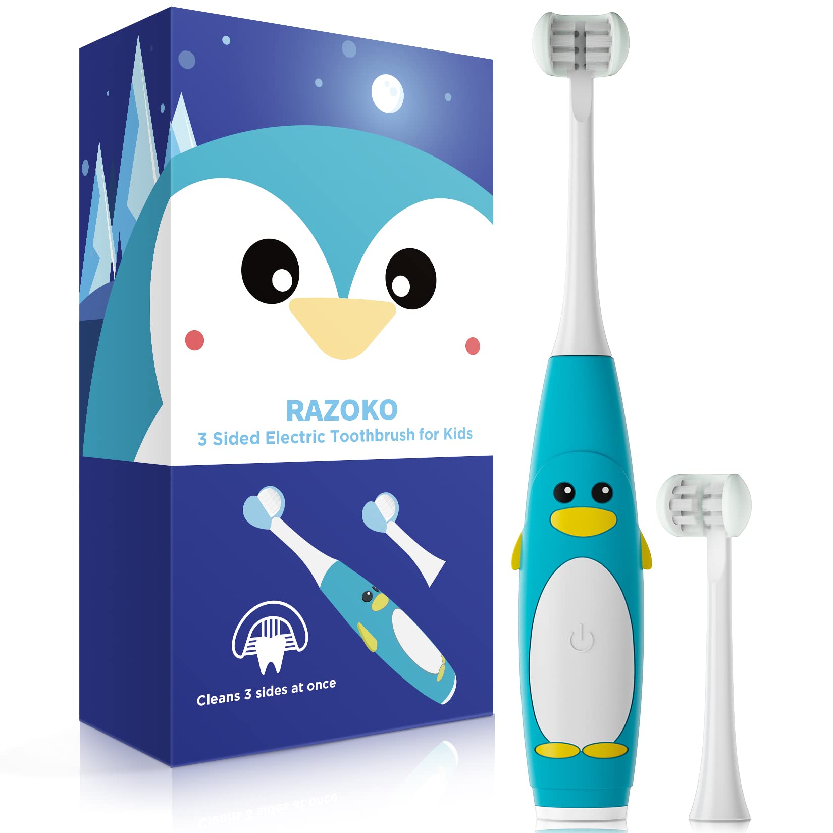 RAZOKO Kids Electric Toothbrush - 3-Sided Sonic Toothbrush for Toddlers with 2 Brush Heads, 5 Speed Modes & Smart Timer, IPX7 Waterproof, USB Rechargeable - Perfect for Children's Daily Oral Care & Travel
