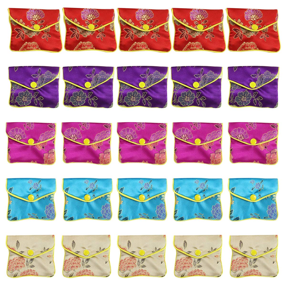 Faylapa 25 Pcs Premium Silk Brocade Jewelry Pouches - Embroidered Gift Bags with Button & Zipper Closure, 5 Elegant Colors for Rings, Necklaces & Coins | Perfect for Wedding Favors, Bridesmaid Gifts & Jewelry Storage
