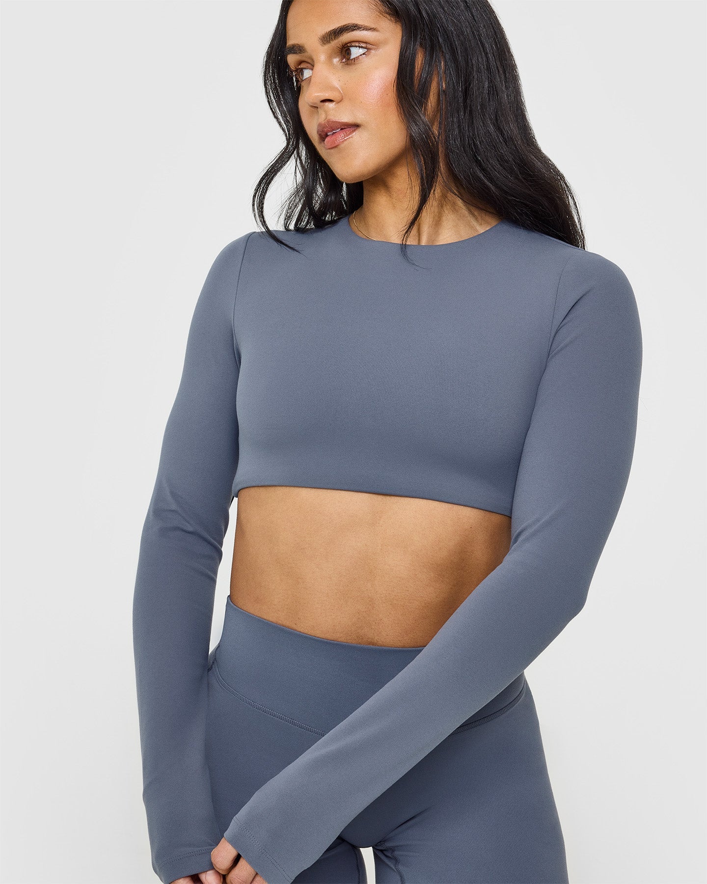 SoftMotion™ Long Sleeve Crop Top for Women - Stretchy Comfort Fit Yoga Shirt in Granite Blue | Perfect for Workouts, Yoga & Casual Wear