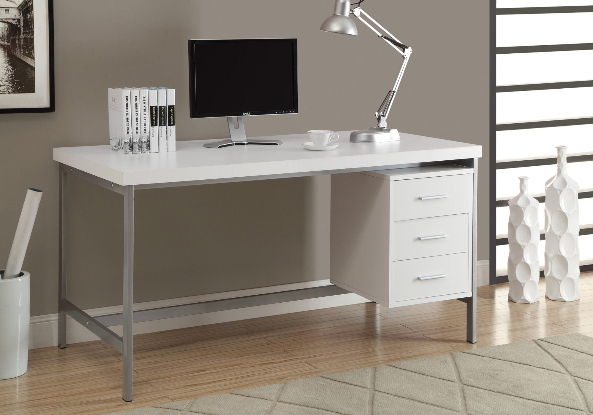 60L White & Silver Metal Computer Desk - Modern Home Office Desk for Work, Study & Gaming - Compact Space-Saving Design for Small Rooms & Apartments