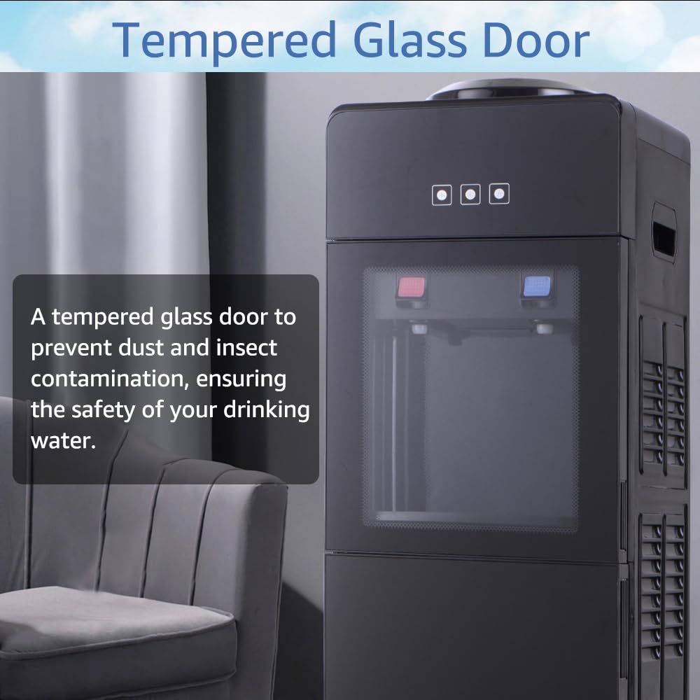 Top Loading Hot & Cold Water Cooler Dispenser for 3/5 Gallon Bottles with Storage Cabinet & Child Safety Lock - Home & Office Water Dispenser for Kitchen, Break Room, Dorm (Black)