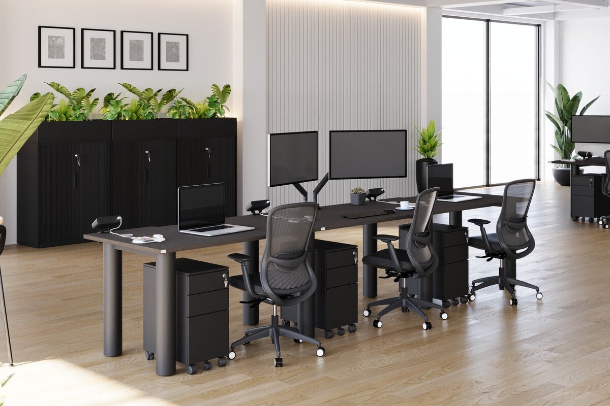 Quadro Cylinder Leg 3-Person Office Workstation Desk [1600L x 700W] - Modern Office Furniture for Collaborative Workspaces & Team Meetings