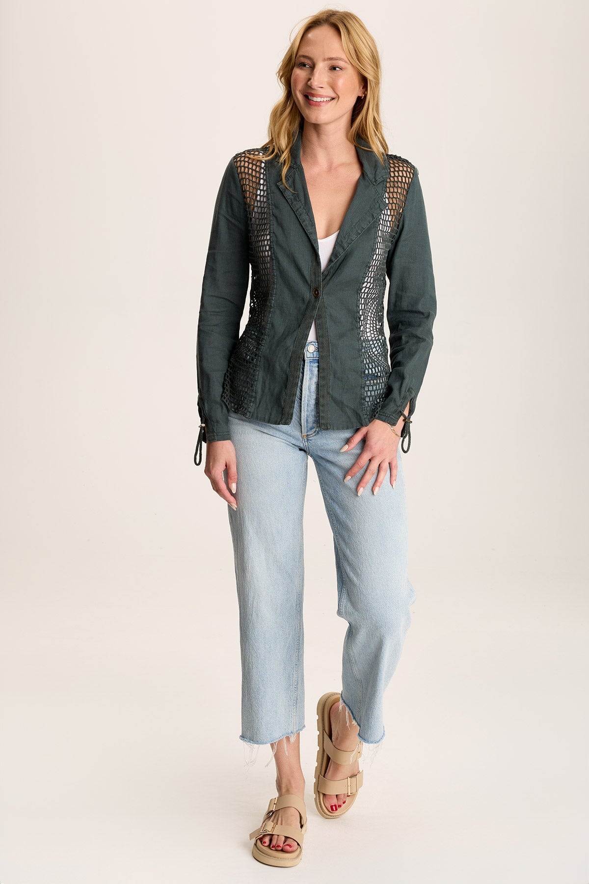 Contessa Linen Blazer with Crochet Insets - Women's Lightweight Summer Jacket for Office Wear & Casual Outfits