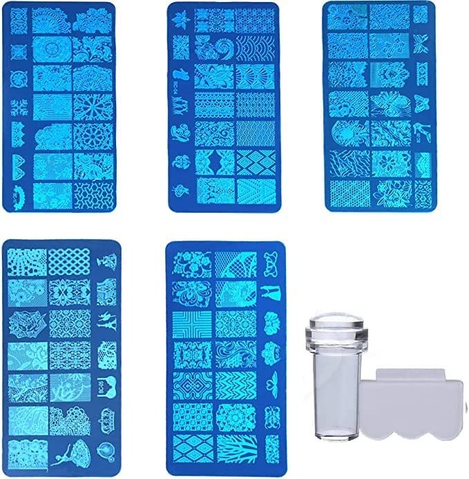 ALVRIO Nail Art Stamping Kit - 5 Nail Stamping Plates with Floral, Animal & Lace Designs + Stamper & Scraper - Professional Manicure Tools for DIY Nail Art at Home or Salon