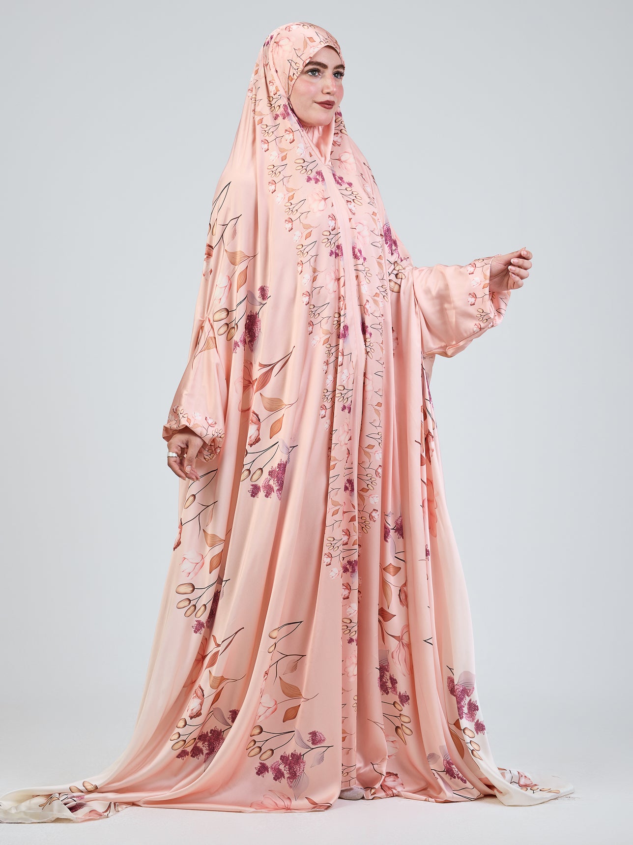 Mazna Blush Bloom Satin Prayer Gown with Pouch & Elastic Cuffs - Elegant Islamic Prayer Dress for Women, Comfortable Modest Nightgown for Home & Mosque Worship