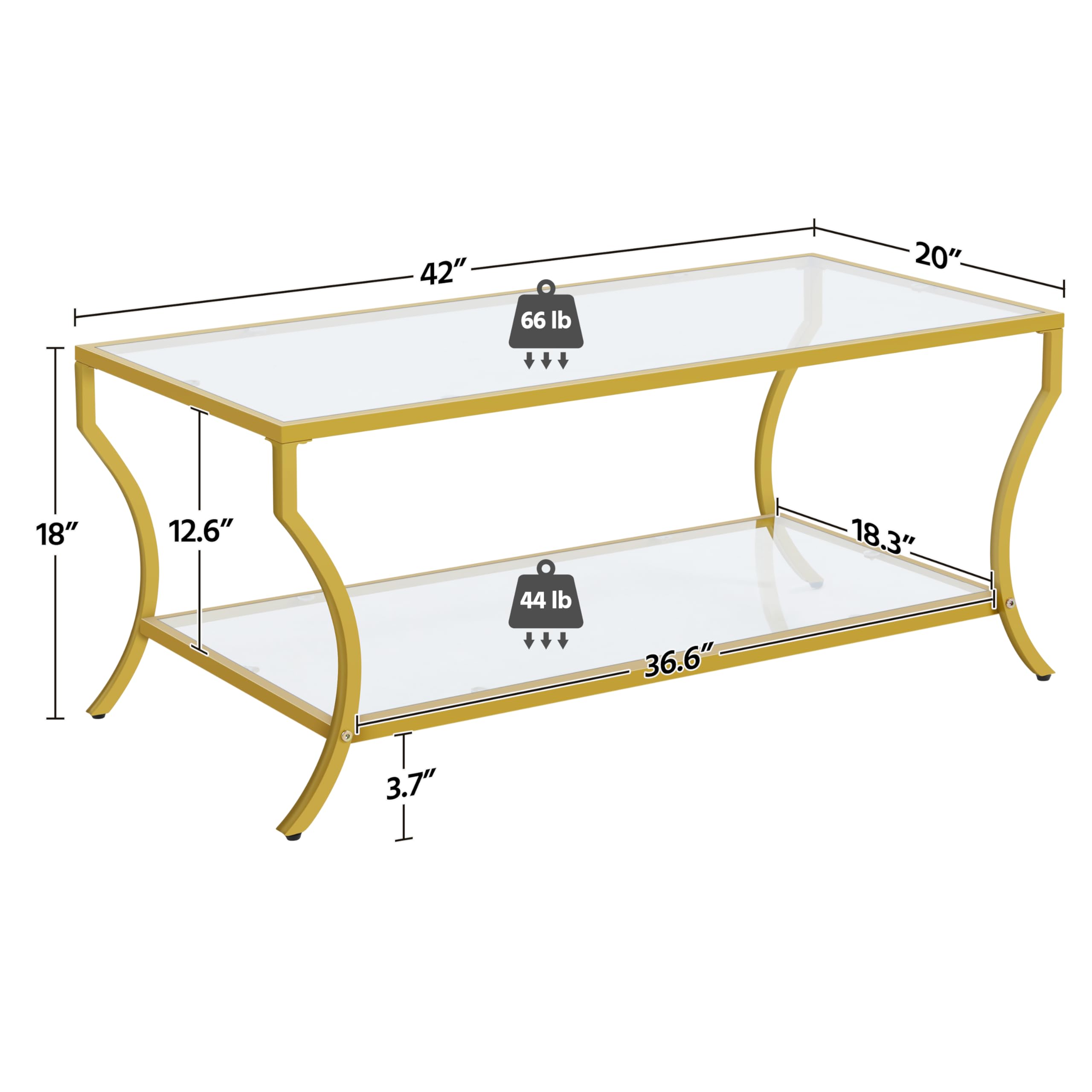 Yaheetech 2-Tier Modern Gold Coffee Table with Tempered Glass Top & Curved Metal Frame - Rectangular Living Room Center Table for Apartment, Lounge & Office - Easy Assembly Home Furniture Decor