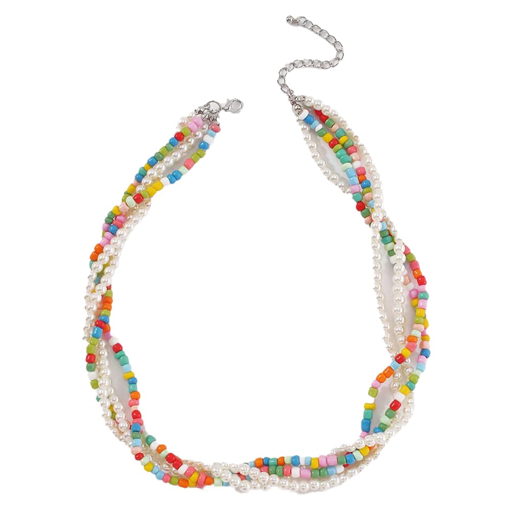 Boho Layered Pearl Choker Necklace for Women - Vintage Multi Strand Italian Golden Bead Chain with Colorful Pearls | Perfect for Weddings, Parties & Boho Fashion