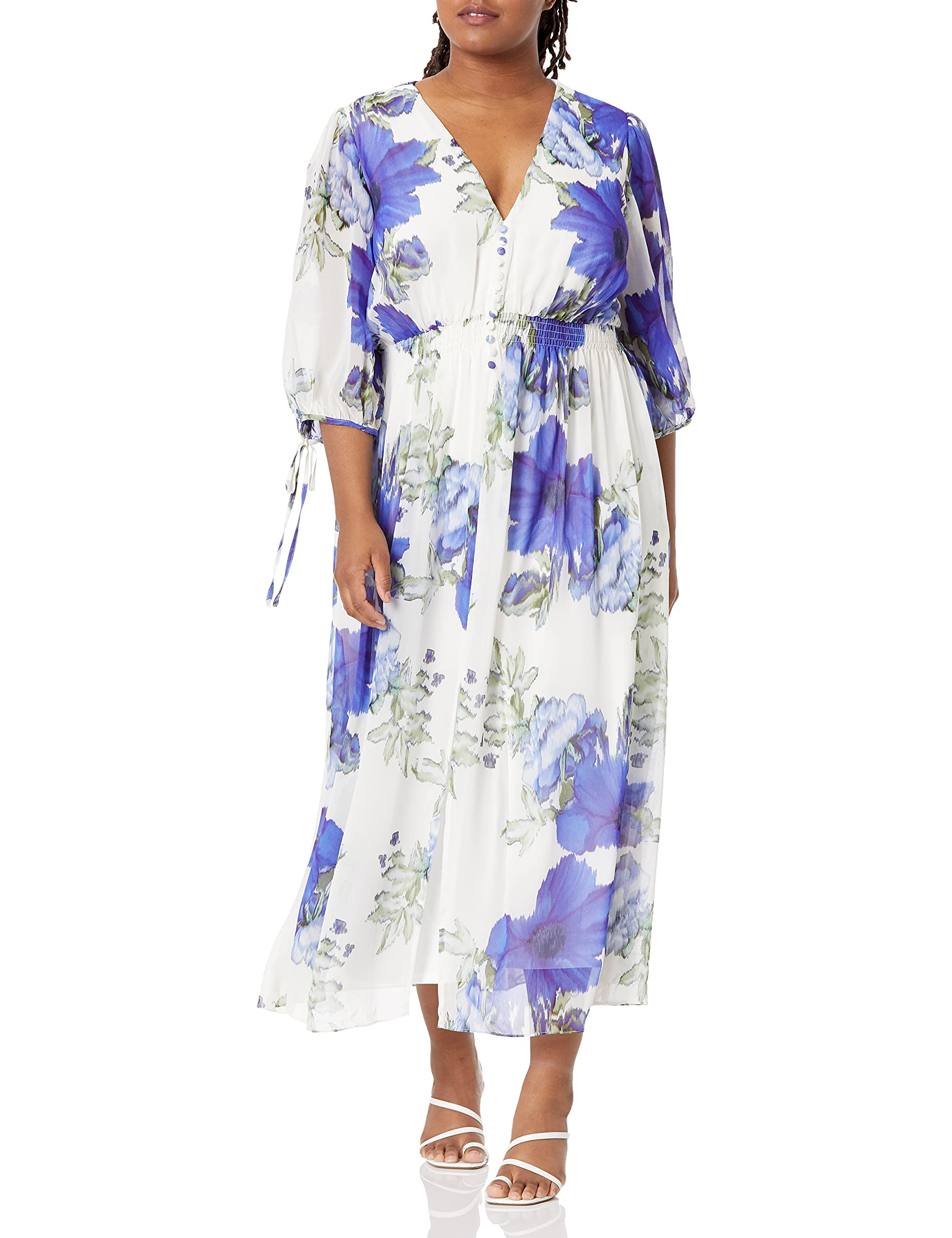 Taylor Women's Plus Size 3/4 Tie Sleeve V-Neck Floral Print Button Front Midi Chiffon Dress - Elegant Casual & Wedding Guest Outfit for Spring Summer Occasions