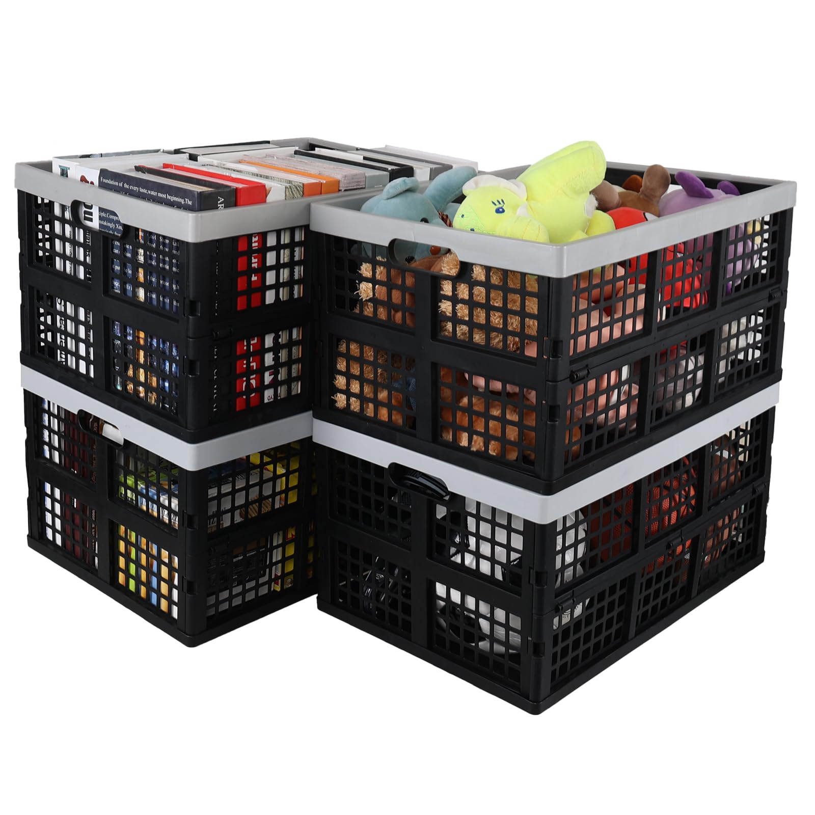 Rosebloom 42L Large Plastic Folding Storage Crates | Stackable Collapsible Bins for Home Organization | 4-Pack Set for Closet, Garage & Moving Supplies
