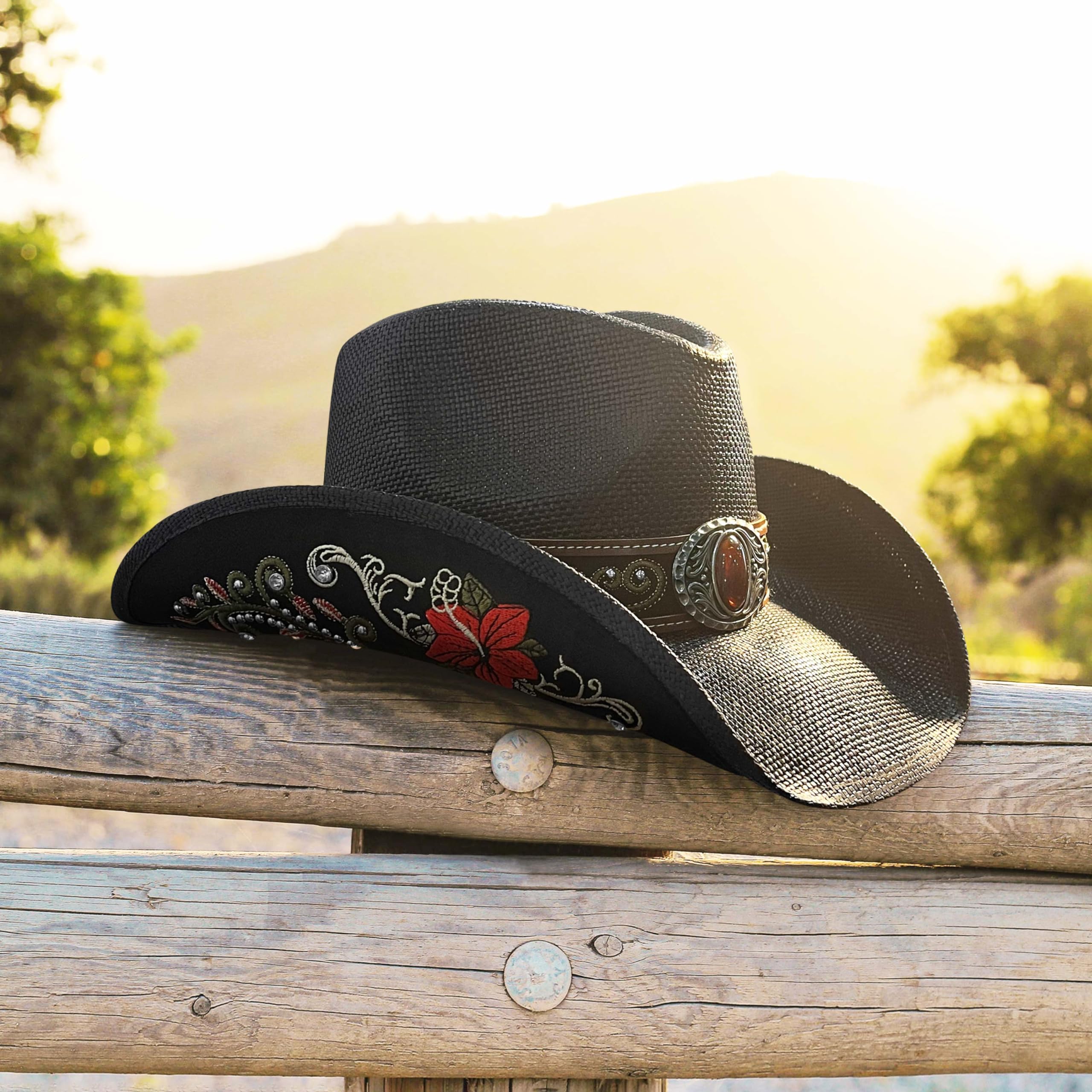 Stylish Straw Western Cowboy Hats for Women & Men - Embroidered Cowboy Hat for Rodeo, Country Music Festivals & Outdoor Adventures