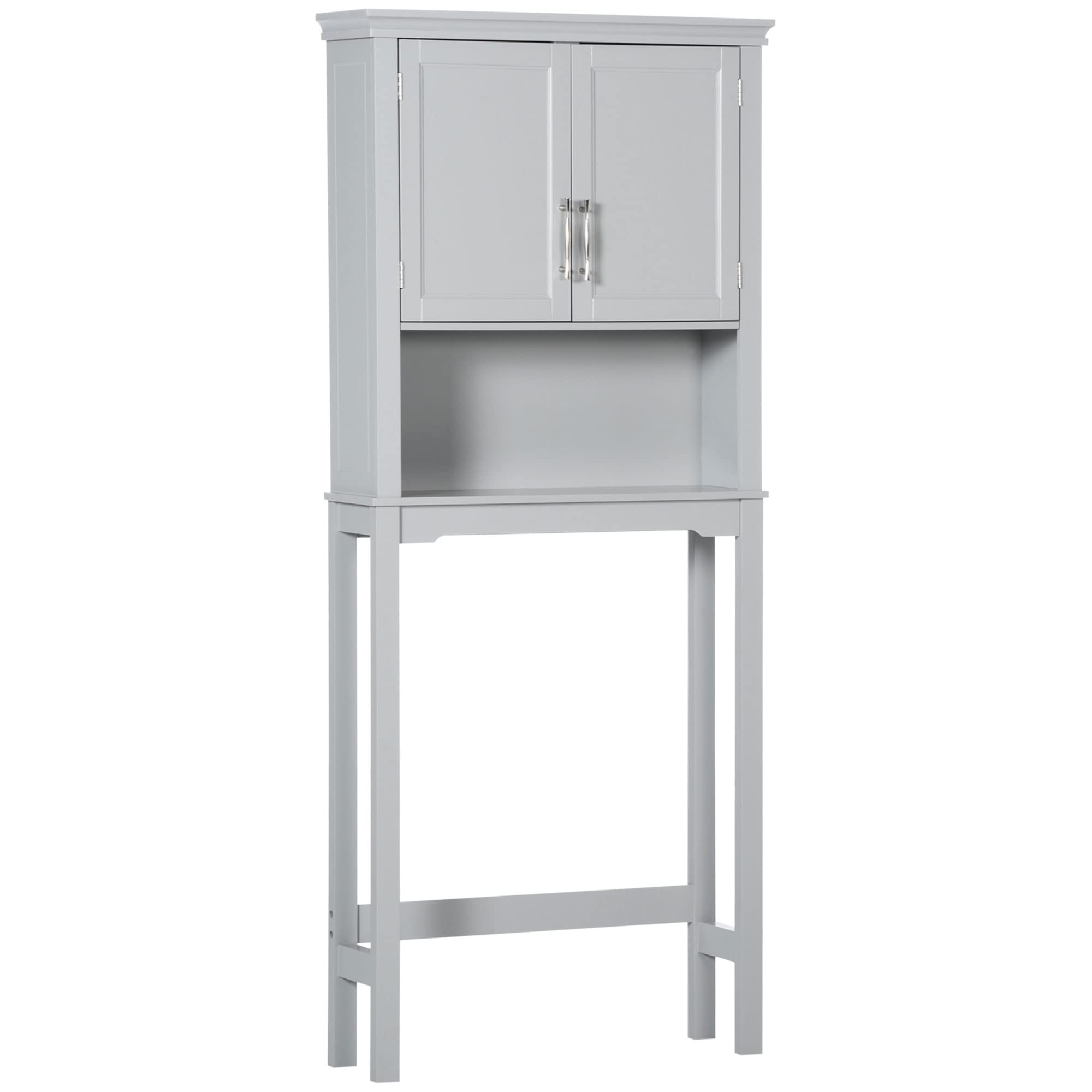 Kleankin Modern Over The Toilet Storage Cabinet - Double Door Bathroom Organizer with Adjustable Shelves, Open Shelf Space, Grey - Perfect for Small Bathroom Organization & Extra Storage